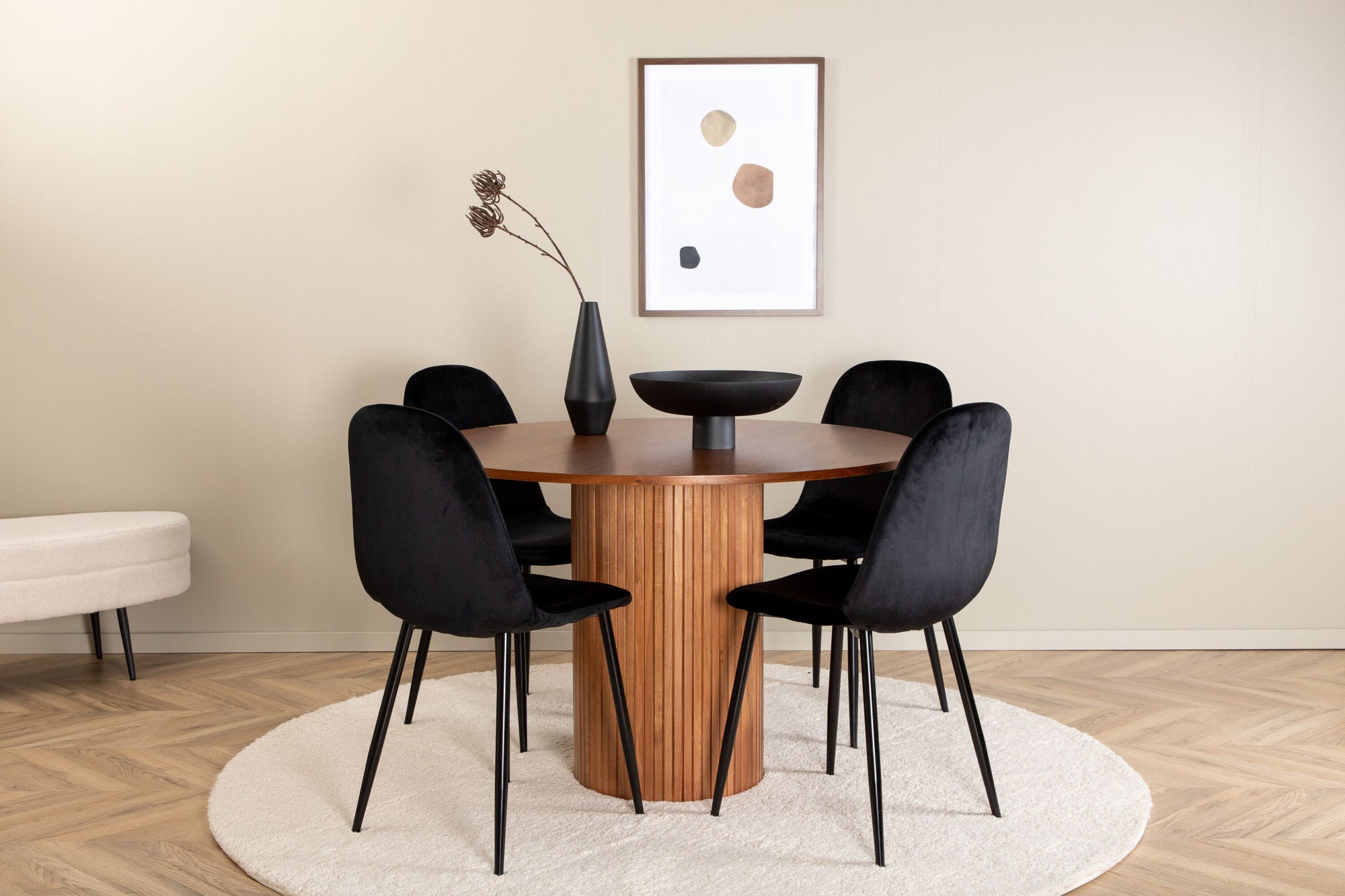 Venture Home Bianca rund spisebord - Walnut / Black Veneer+Polar Spisebordsstol - Black legs / Black Velvet (ersätter 19902-888)_4