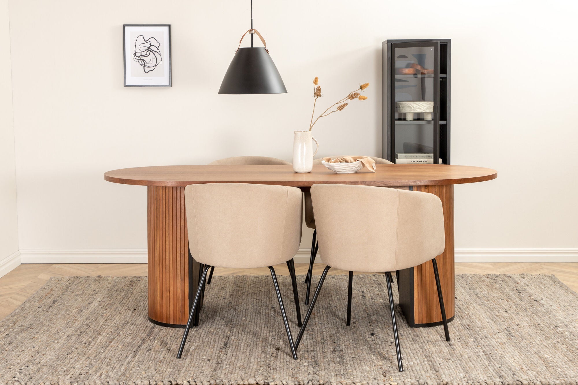 Venture Home Bianca Oval spisebord , Walnut Black Veneer+Berit stol , Black Beige Fabric (Polyester linen )_4