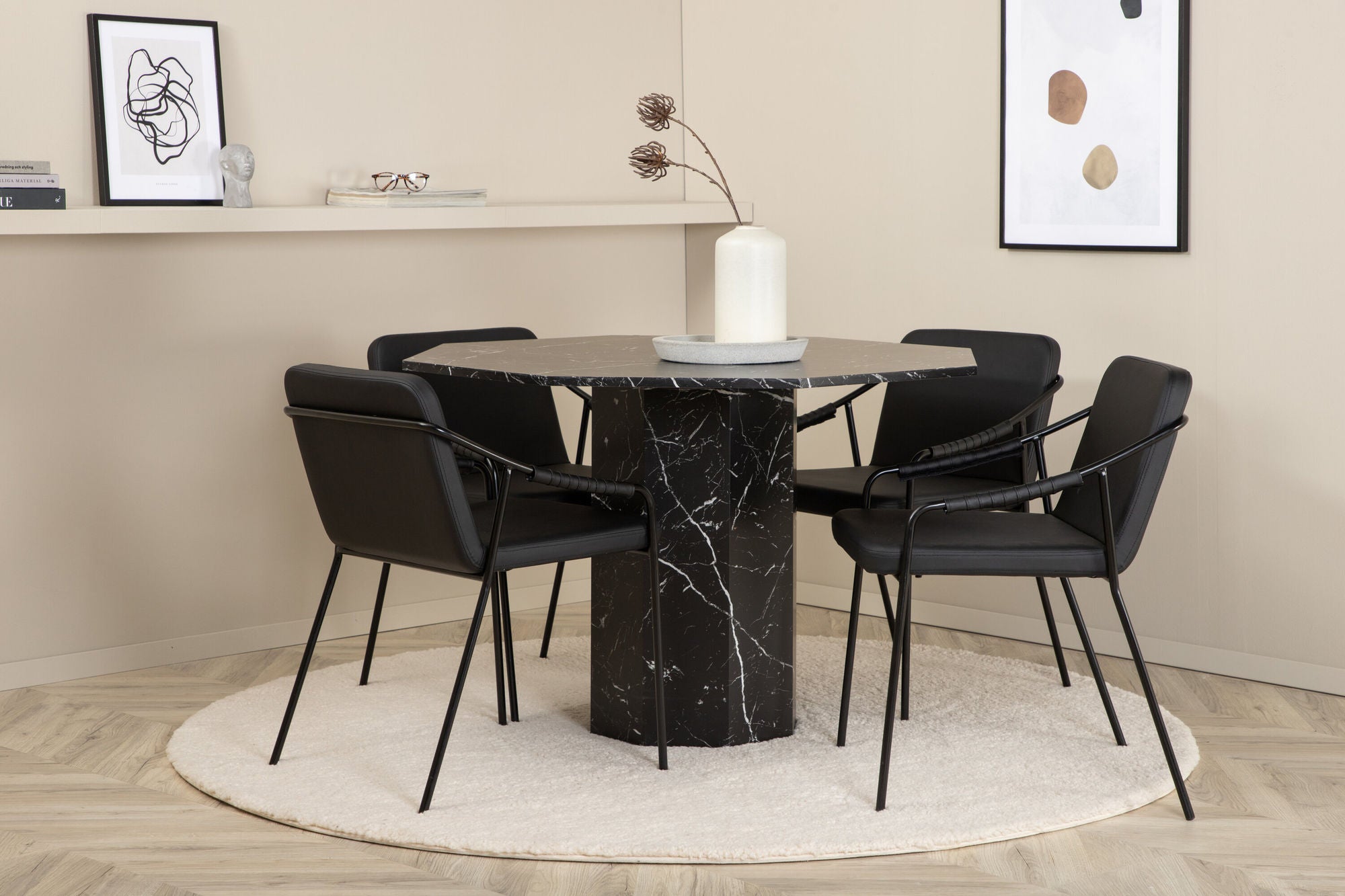 Venture Home Marbs rund spisebord - Black / Black Glass Marble+Tvist stol - Black / Black PU_4