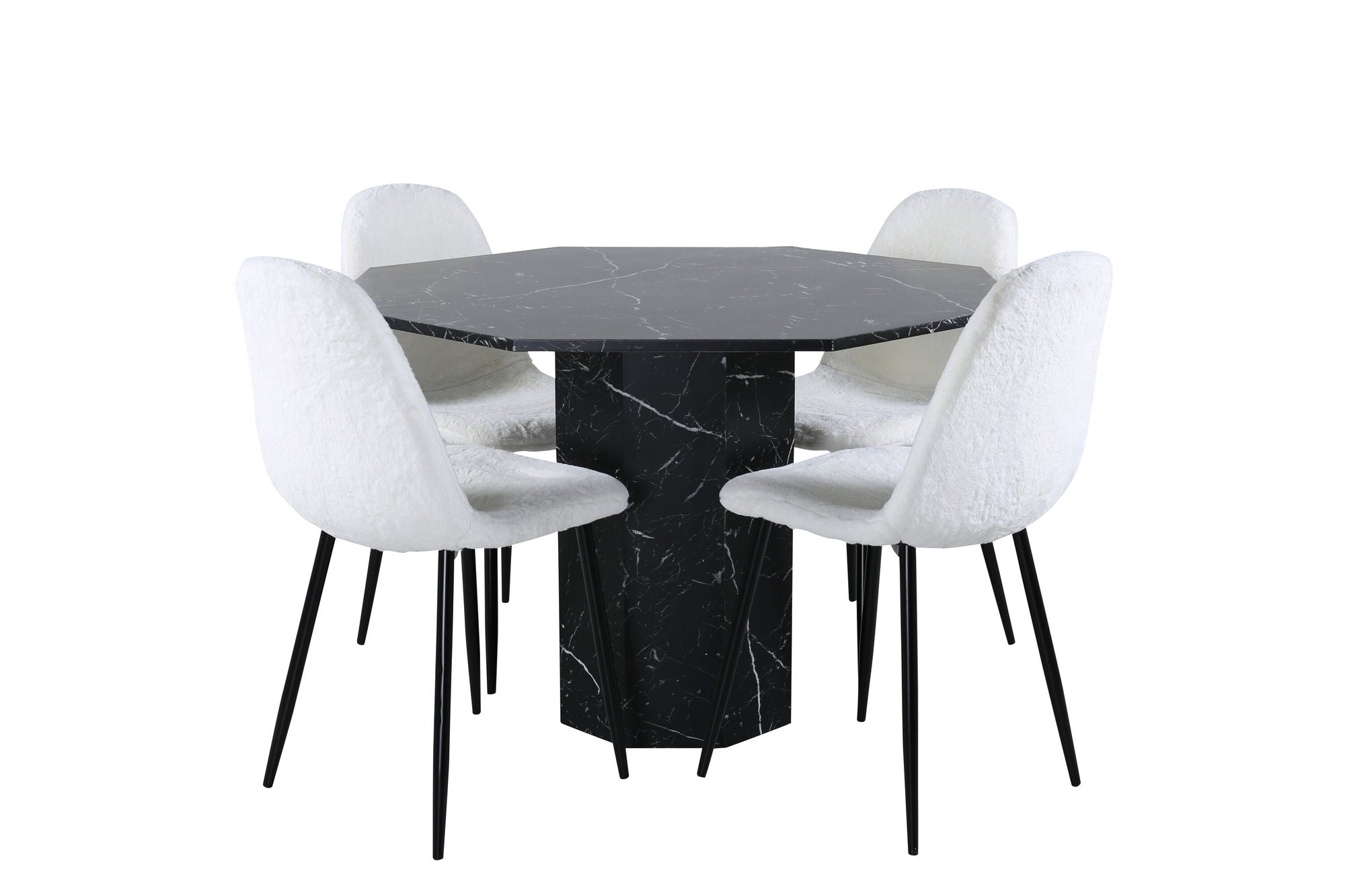 Venture Home Marbs rund spisebord , Black Black Glass Marble+Polar Fluff Spisebordsstol , Black Legs , White Teddy _4