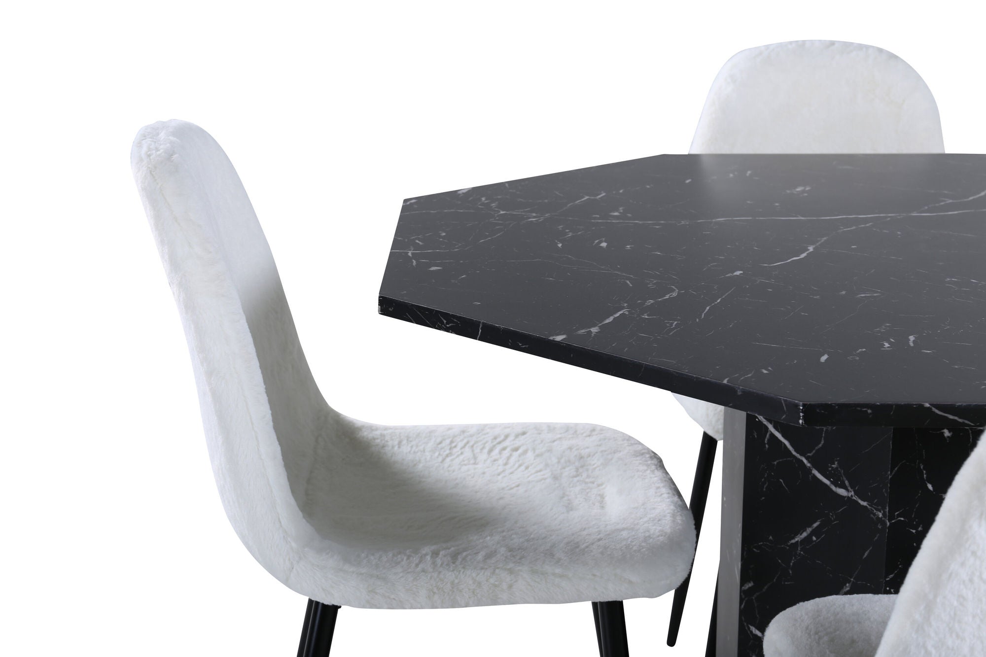Venture Home Marbs rund spisebord , Black Black Glass Marble+Polar Fluff Spisebordsstol , Black Legs , White Teddy _4