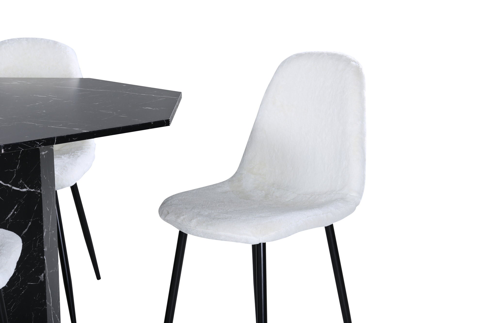 Venture Home Marbs rund spisebord , Black Black Glass Marble+Polar Fluff Spisebordsstol , Black Legs , White Teddy _4