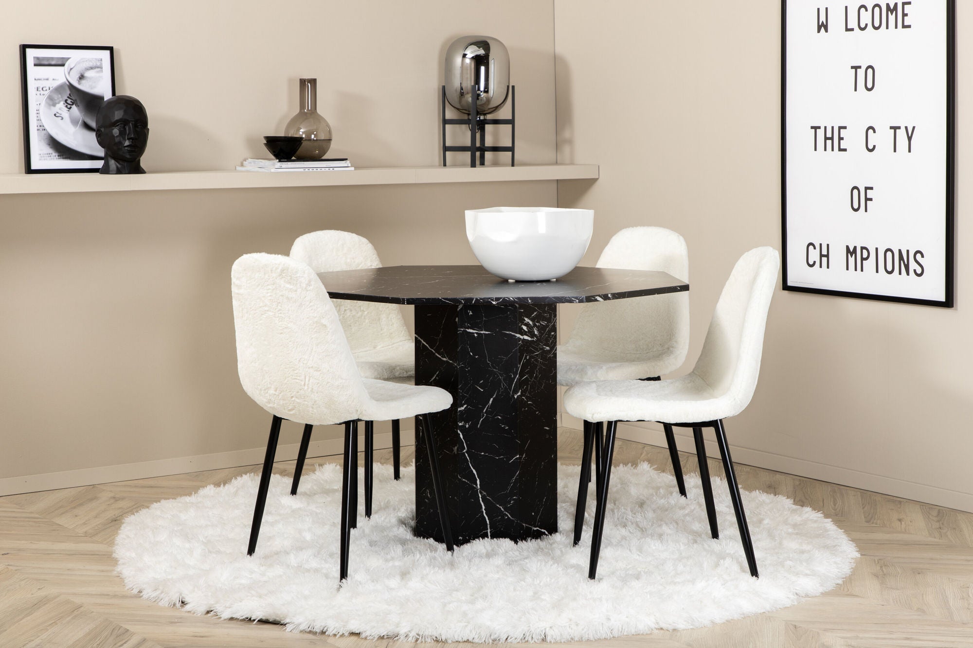 Venture Home Marbs rund spisebord , Black Black Glass Marble+Polar Fluff Spisebordsstol , Black Legs , White Teddy _4