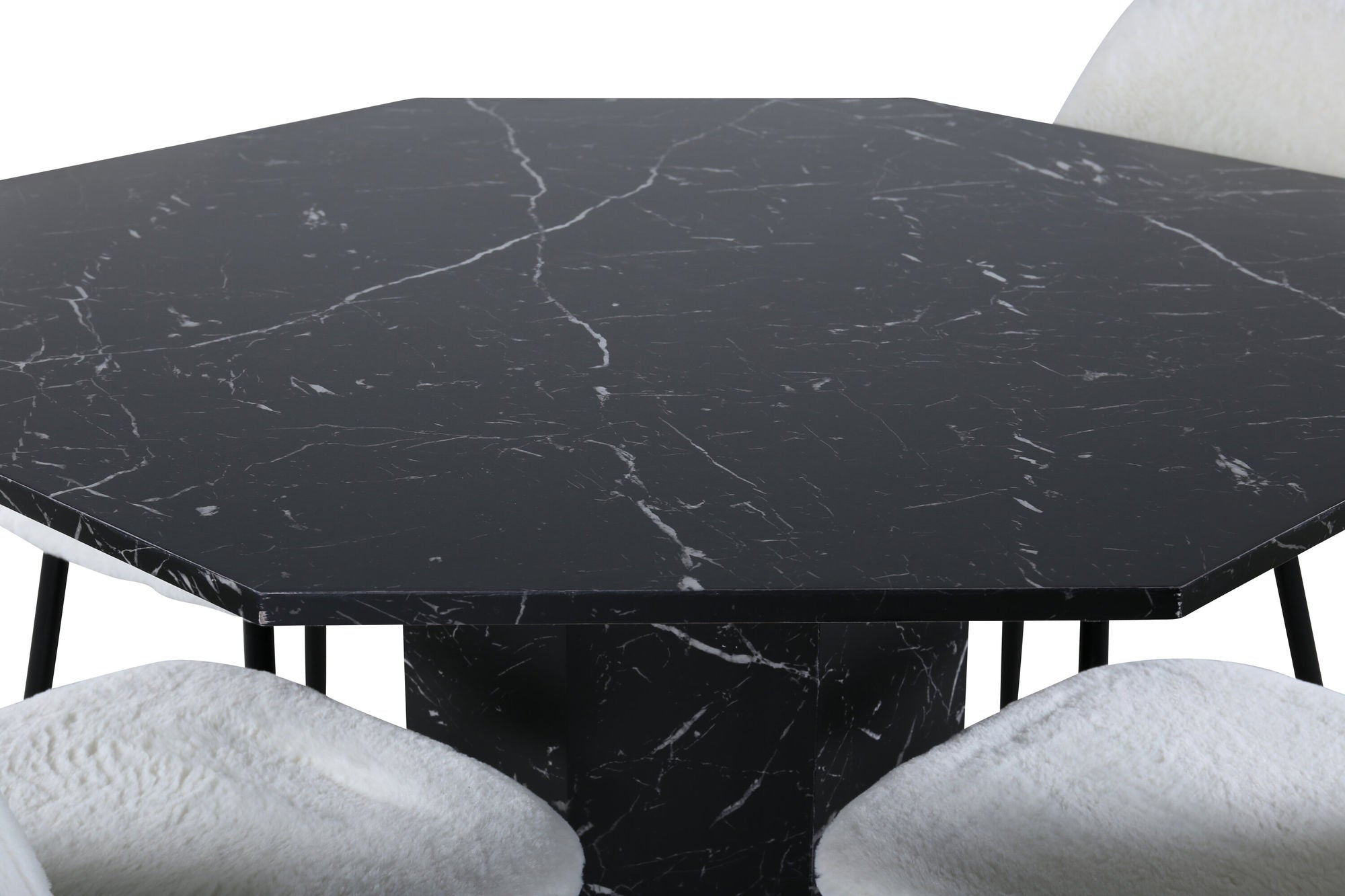 Venture Home Marbs rund spisebord , Black Black Glass Marble+Polar Fluff Spisebordsstol , Black Legs , White Teddy _4