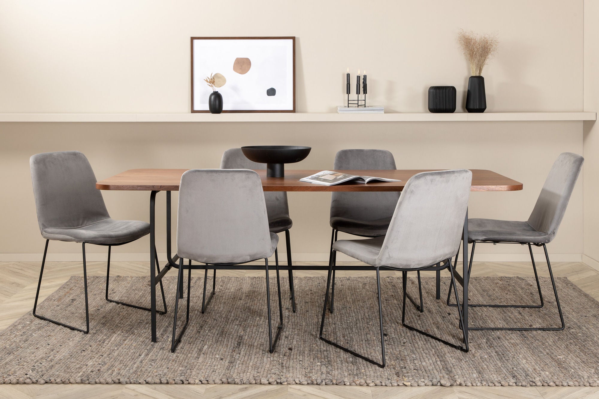 Venture Home Uno spisebord , Black Walnut Veneer+Muce Spisebordsstol , Black Legs , Grey Velvet_6