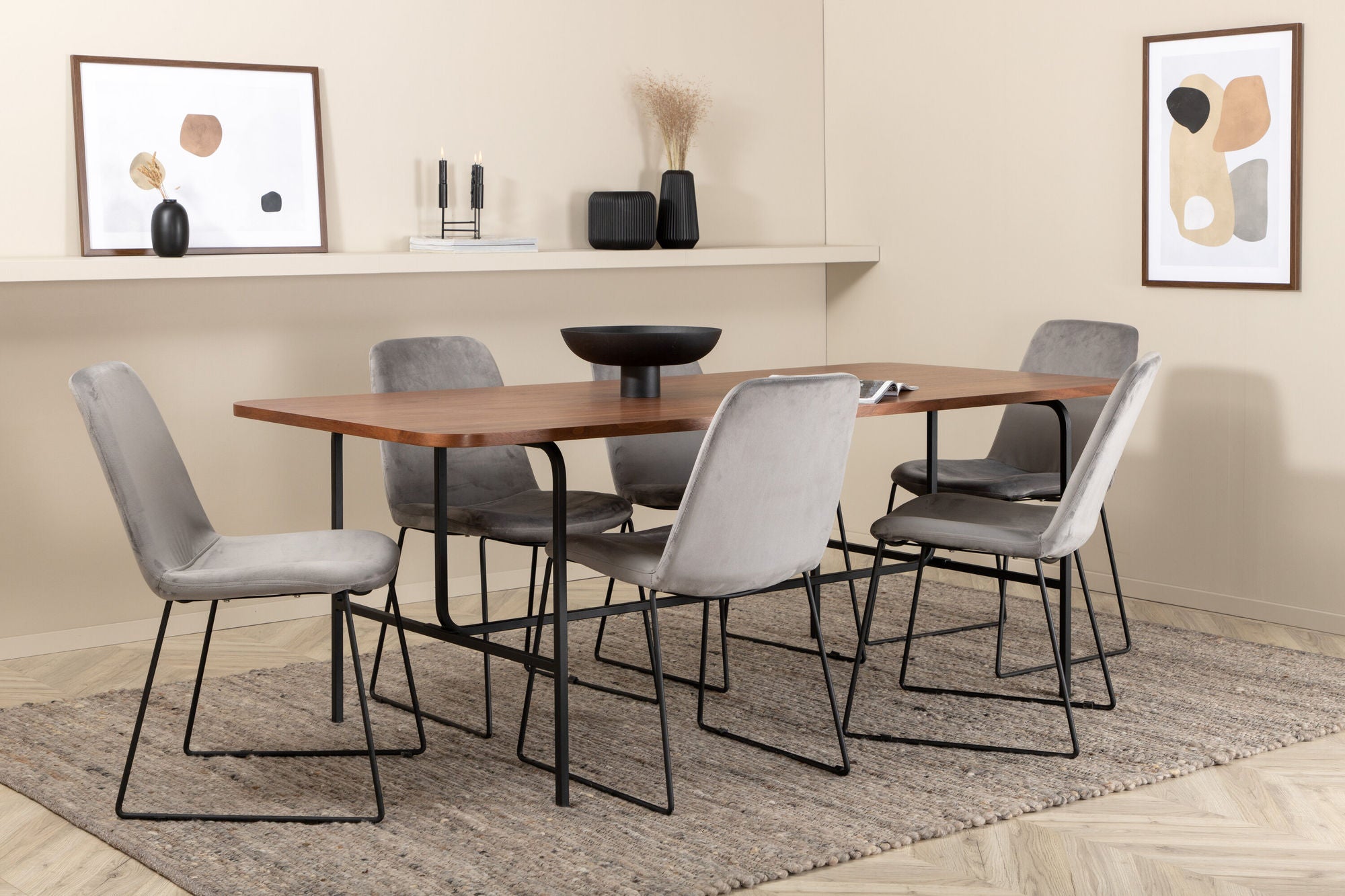 Venture Home Uno spisebord , Black Walnut Veneer+Muce Spisebordsstol , Black Legs , Grey Velvet_6