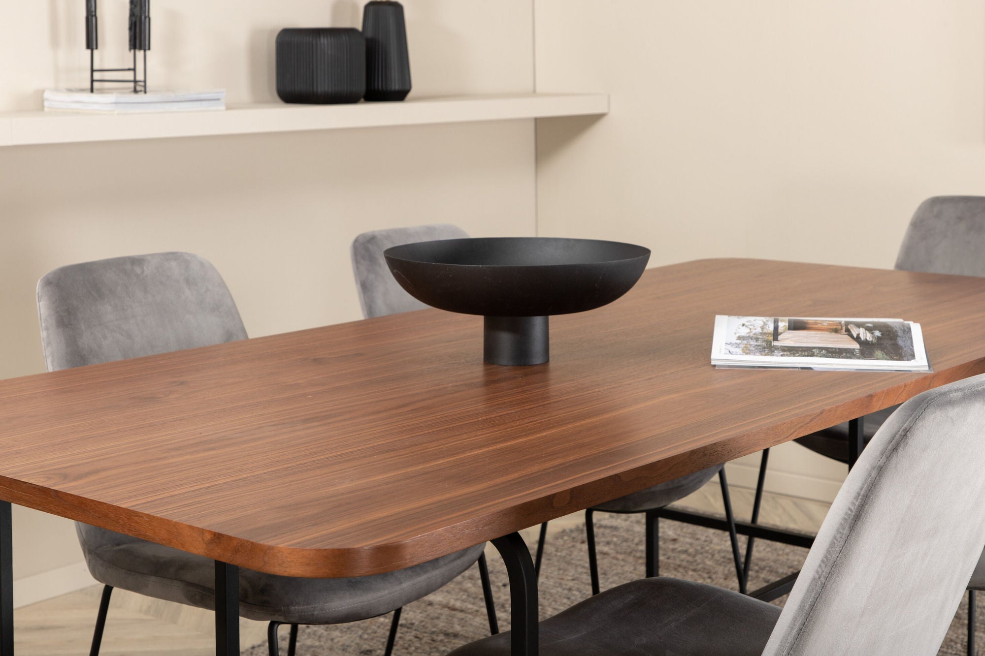Venture Home Uno spisebord , Black Walnut Veneer+Muce Spisebordsstol , Black Legs , Grey Velvet_6