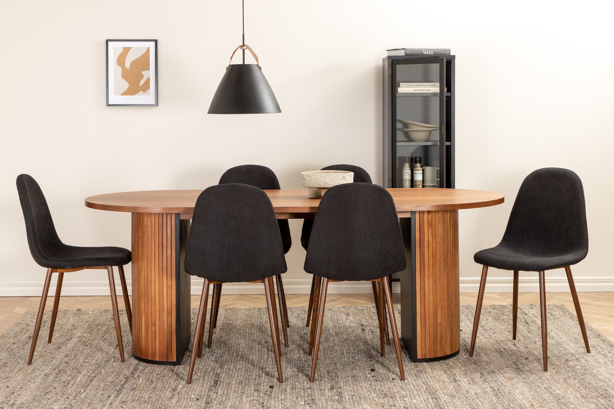 Venture Home Bianca Oval spisebord , Walnut Black Veneer+Polar Spisebordsstol , Walnut Legs , Black Fabric_6