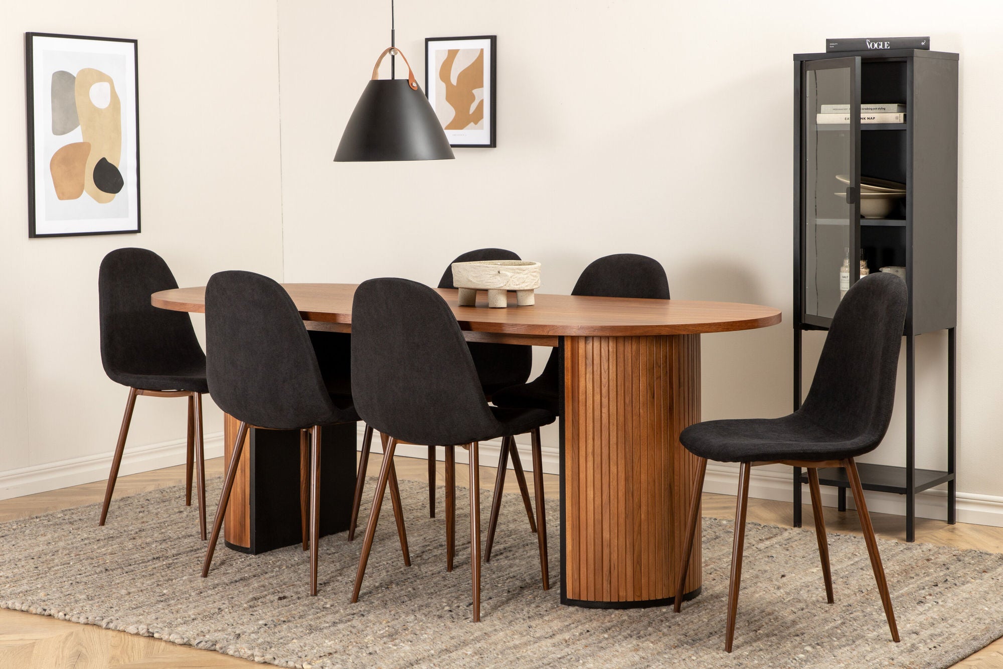 Venture Home Bianca Oval spisebord , Walnut Black Veneer+Polar Spisebordsstol , Walnut Legs , Black Fabric_6