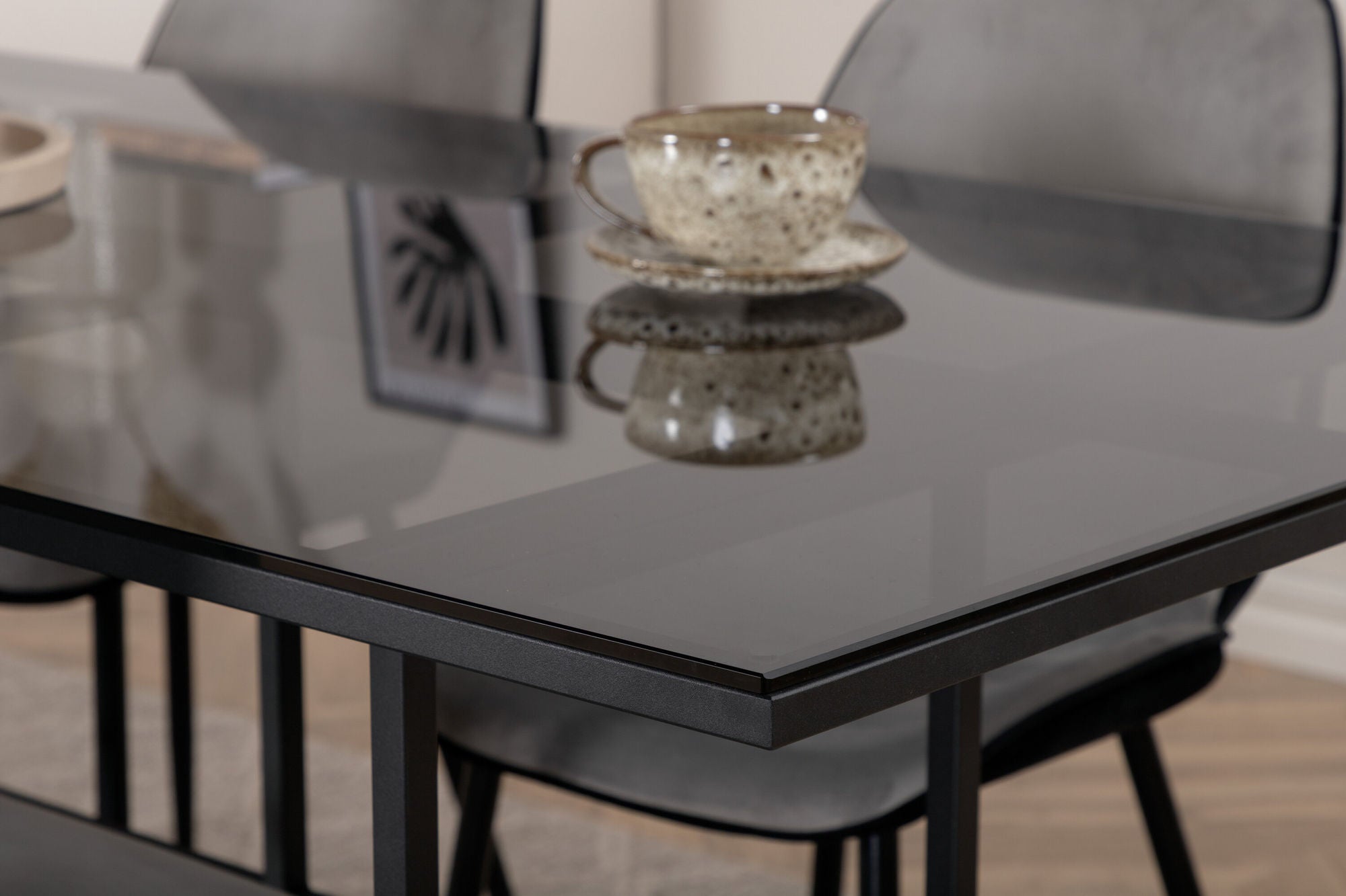 Venture Home Leif spisebord - Black / Black smoked smoked Glass+Emma stol - Black / Black and Light Grey Black Velvet in Back Grey Velvet in front_4