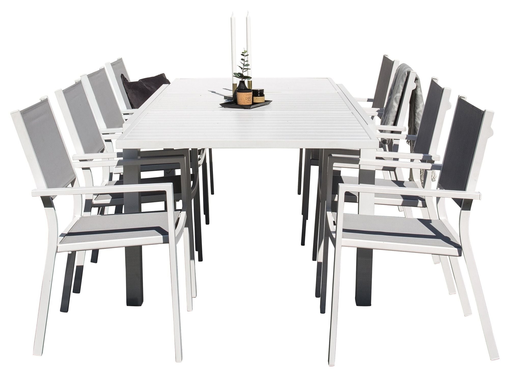 Venture Home Marbella matbord 160/240*100*H75 - Vit+Copacabana Karmstol ( stapelbar) Vit alu