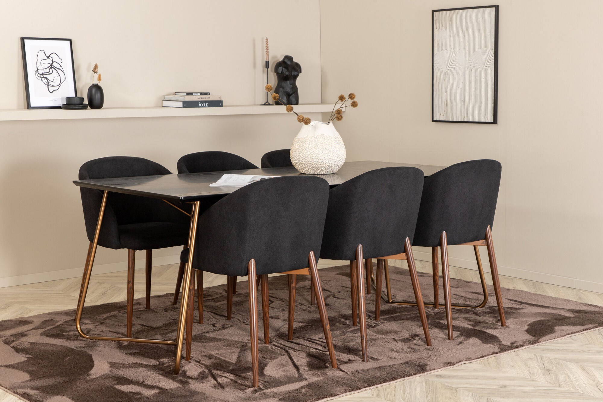 Venture Home Petra spisebord , Distressed Copper Black Veneer+Arch Spisebordsstol , Walnut Legs , Black Fabric_6
