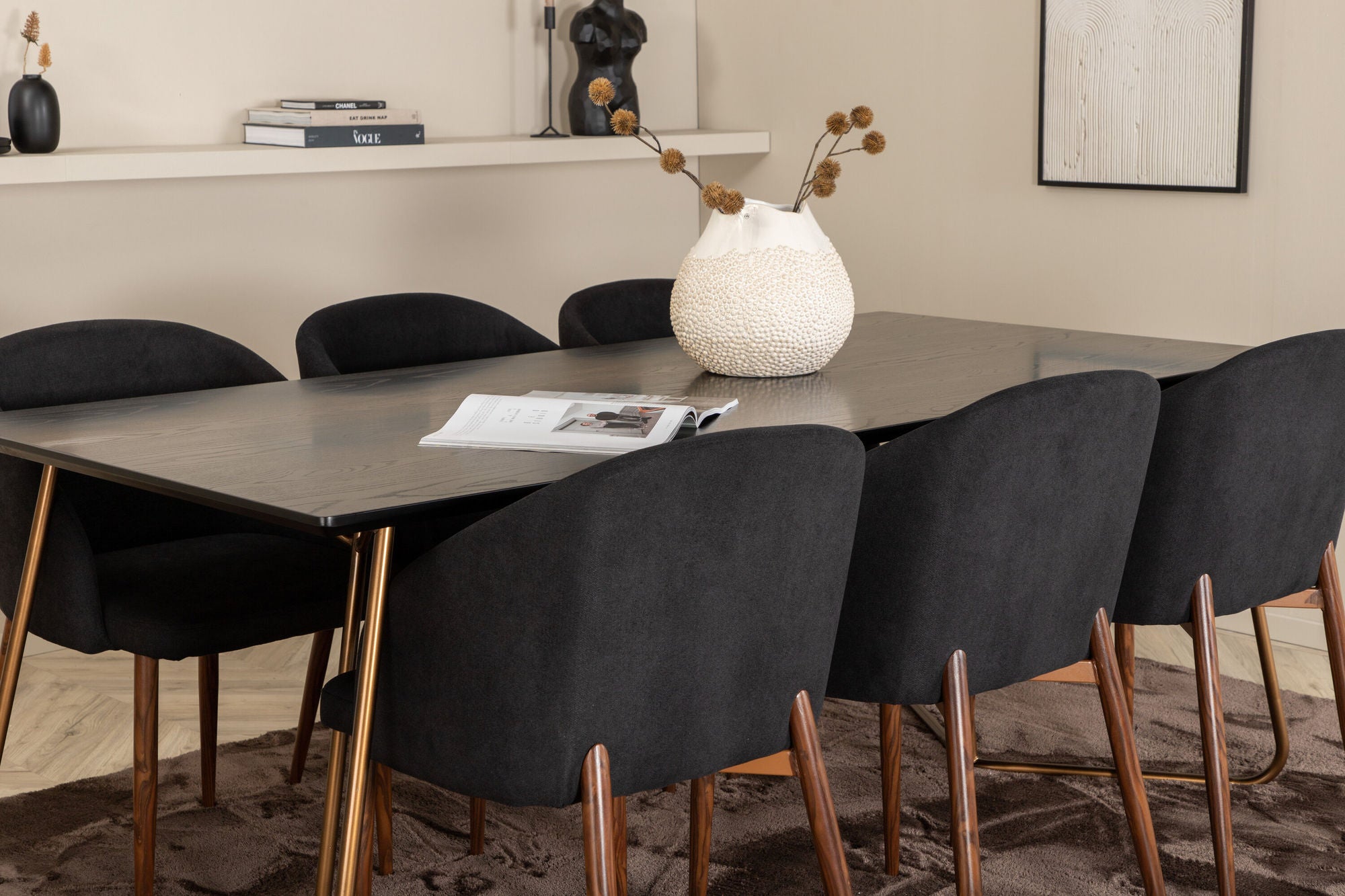 Venture Home Petra spisebord , Distressed Copper Black Veneer+Arch Spisebordsstol , Walnut Legs , Black Fabric_6