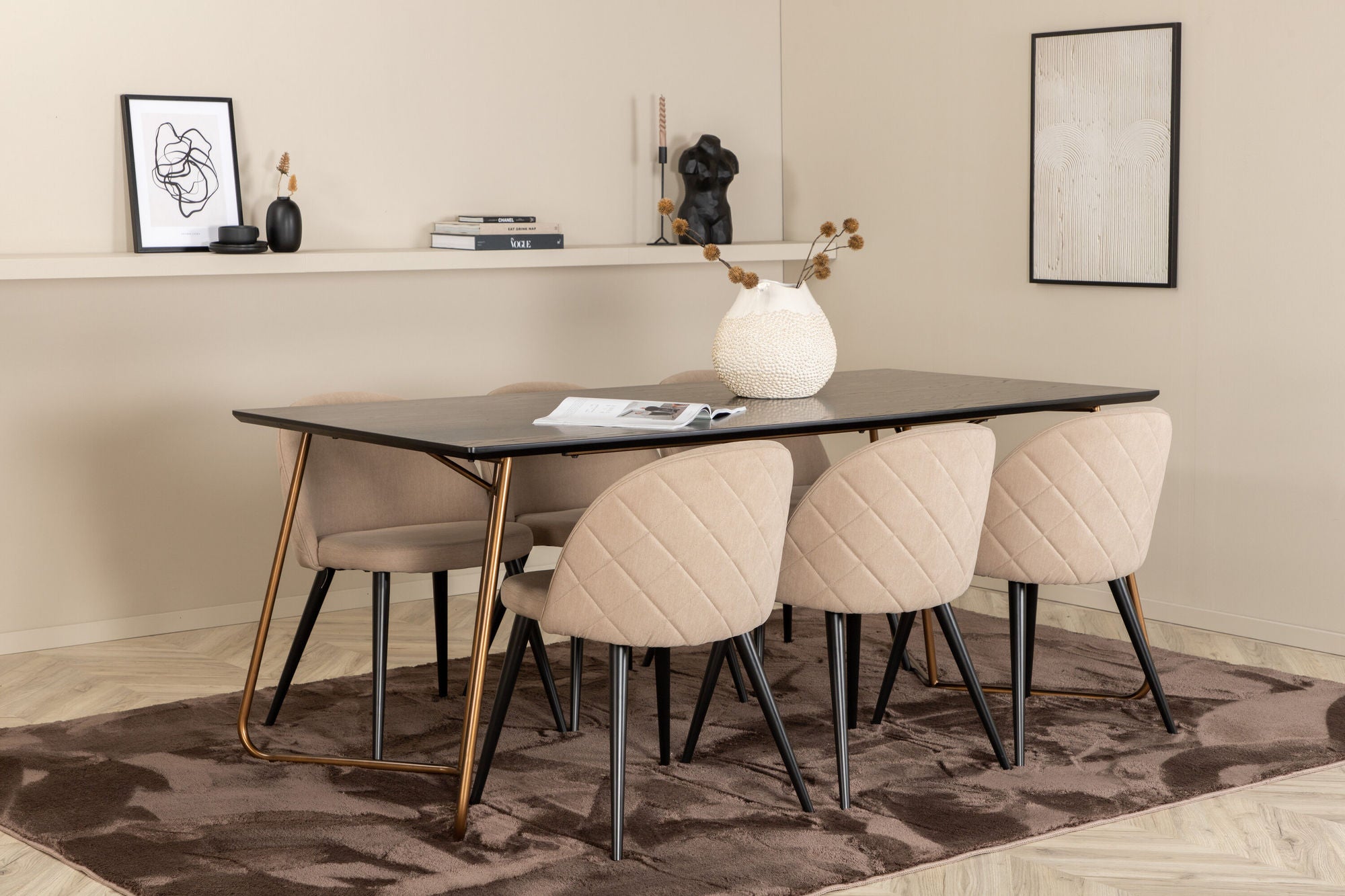 Venture Home Petra spisebord , Distressed Copper Black Veneer+Velvet Stitches stol , Black Beige Fabric (Polyester linen )_6