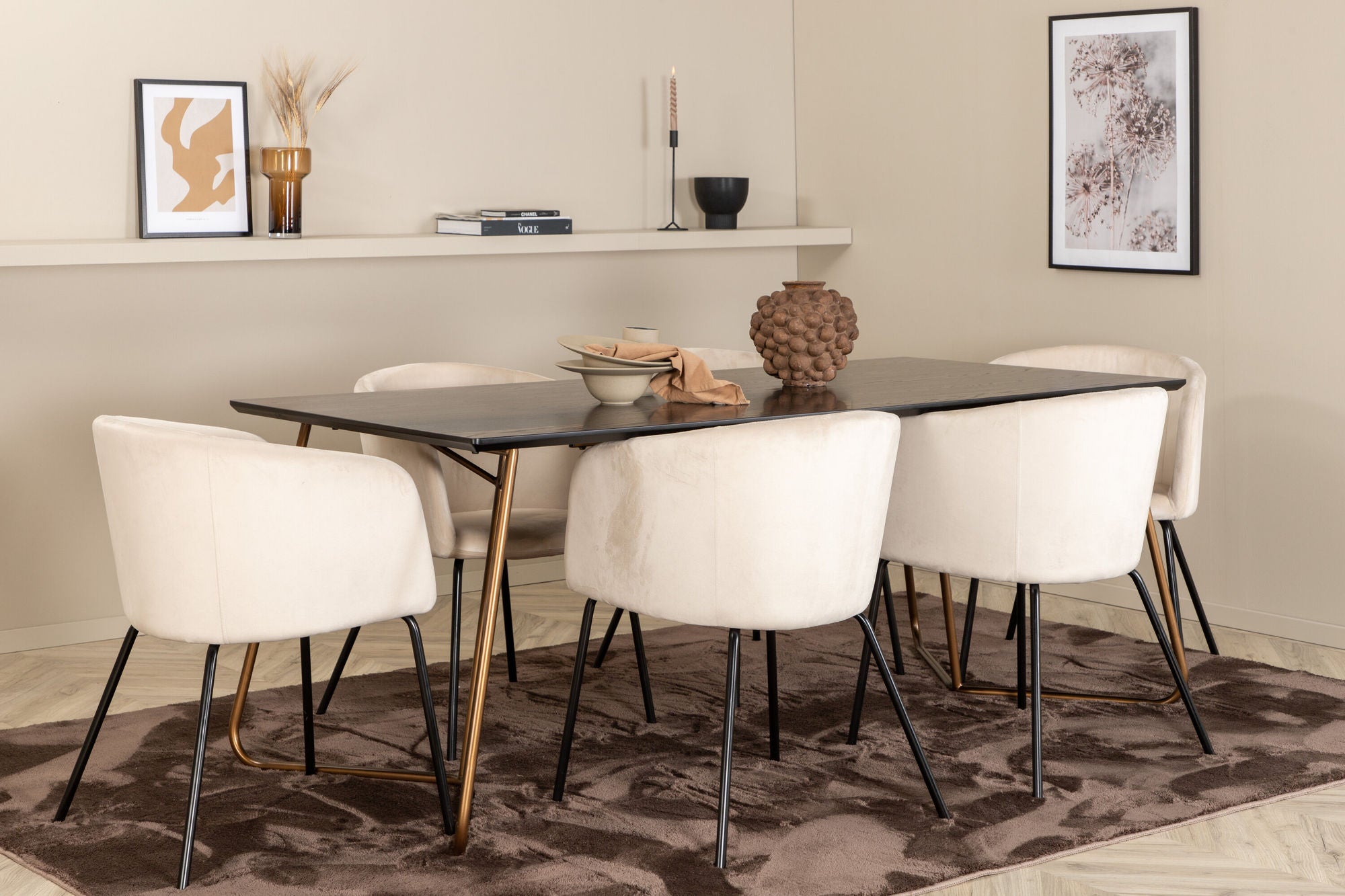 Venture Home Petra spisebord , Distressed Copper Black Veneer+Berit stol , Black Beige Velvet_6
