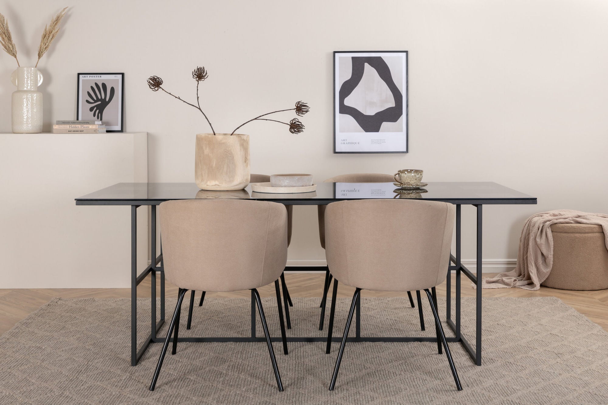 Venture Home Leif spisebord - Black / Black smoked smoked Glass+Berit stol - Black / Beige Fabric (Polyester linen )_4