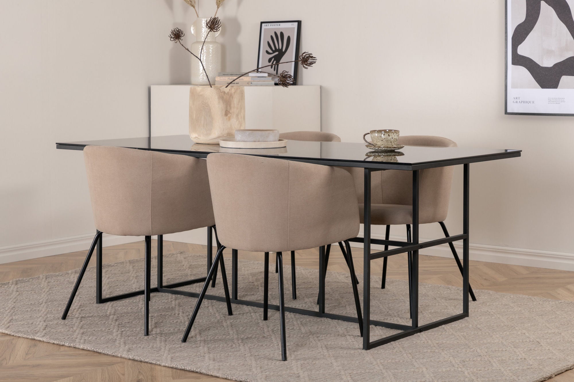 Venture Home Leif spisebord - Black / Black smoked smoked Glass+Berit stol - Black / Beige Fabric (Polyester linen )_4