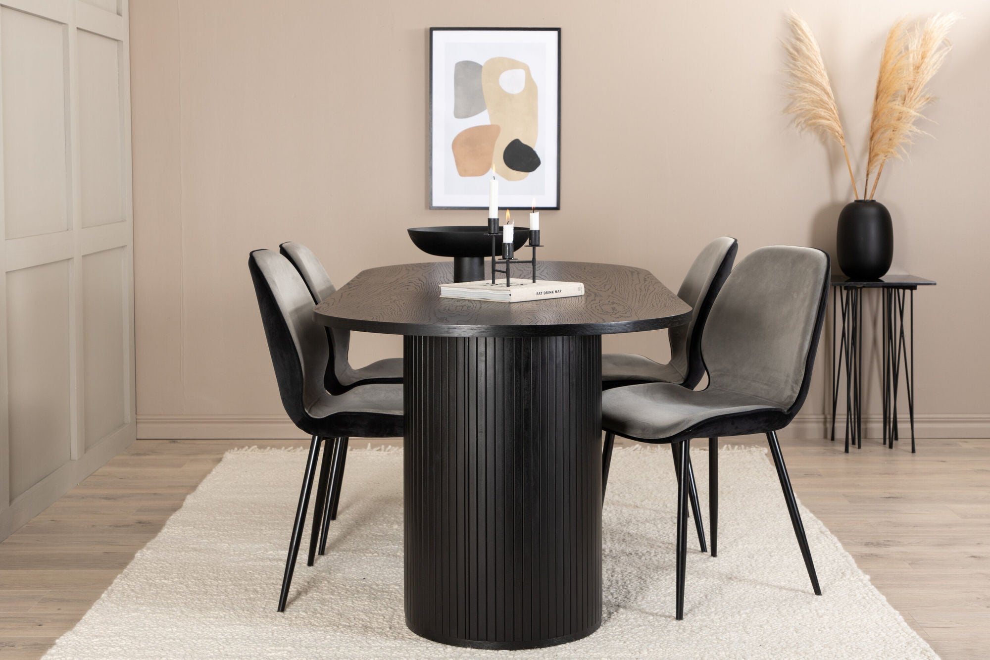 Venture Home Bianca Oval spisebord - Black / Black Veneer+Emma stol - Black / Black and Light Grey Black Velvet in Back Grey Velvet in front_4