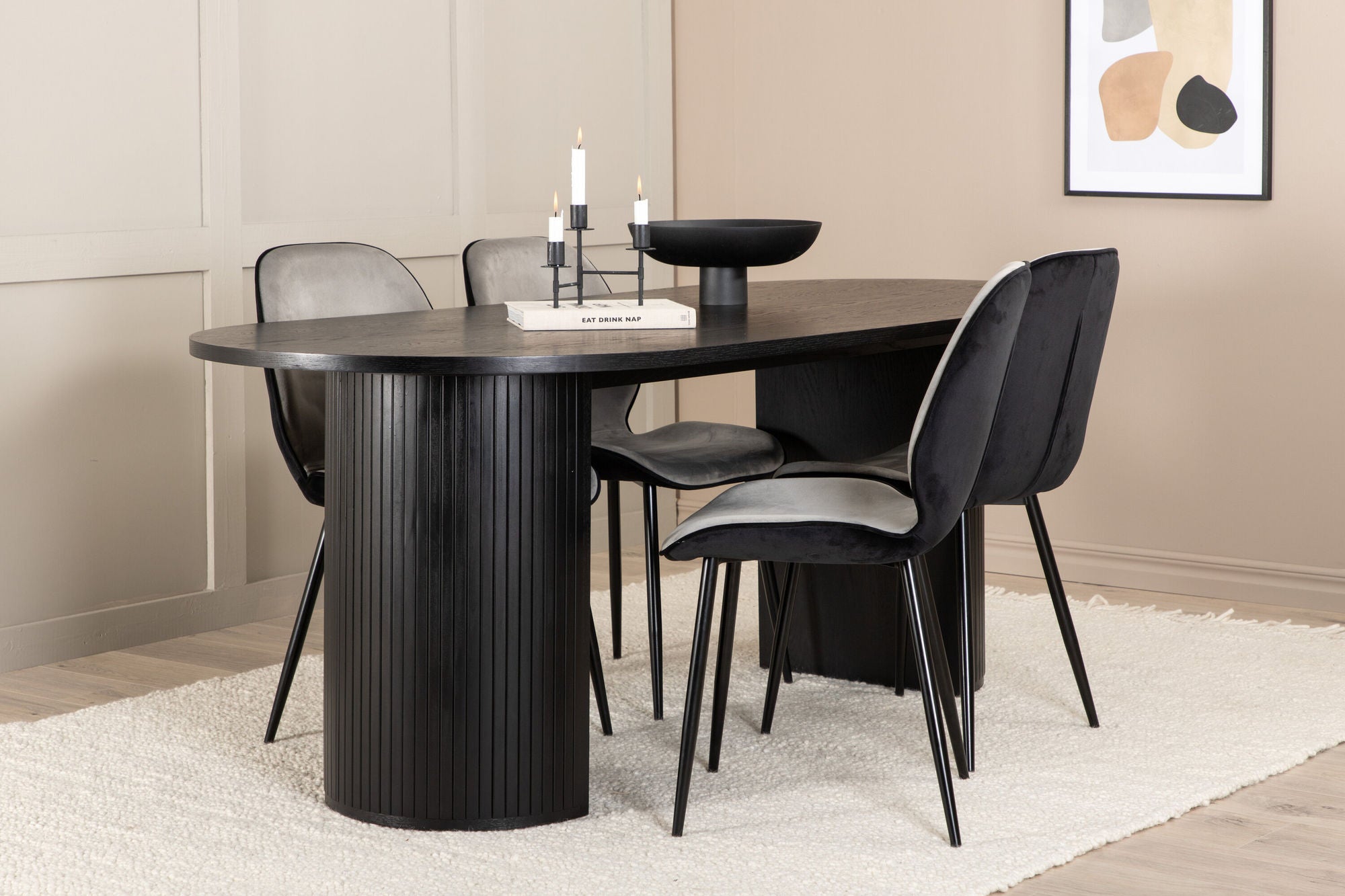 Venture Home Bianca Oval spisebord - Black / Black Veneer+Emma stol - Black / Black and Light Grey Black Velvet in Back Grey Velvet in front_4