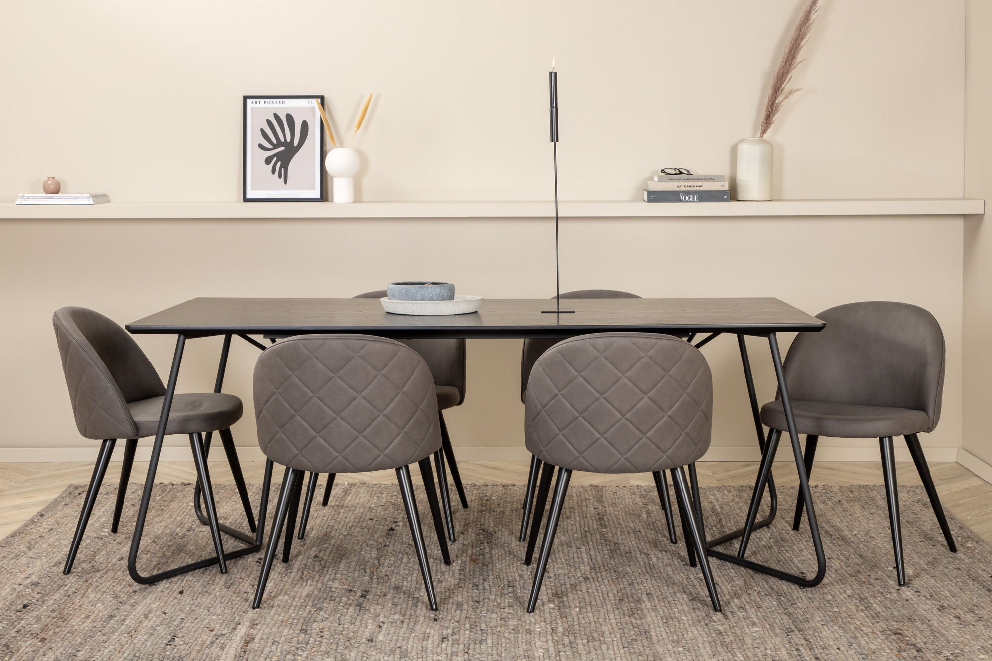 Venture Home Petra spisebord - Black / Black Veneer+Velvet Stitches stol - Black / Grey Micro Fibre_6