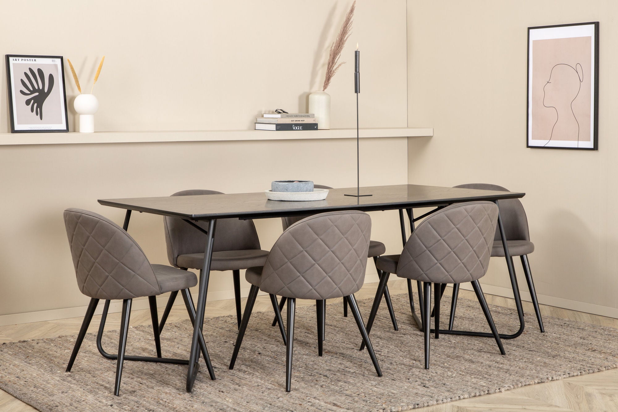 Venture Home Petra spisebord - Black / Black Veneer+Velvet Stitches stol - Black / Grey Micro Fibre_6