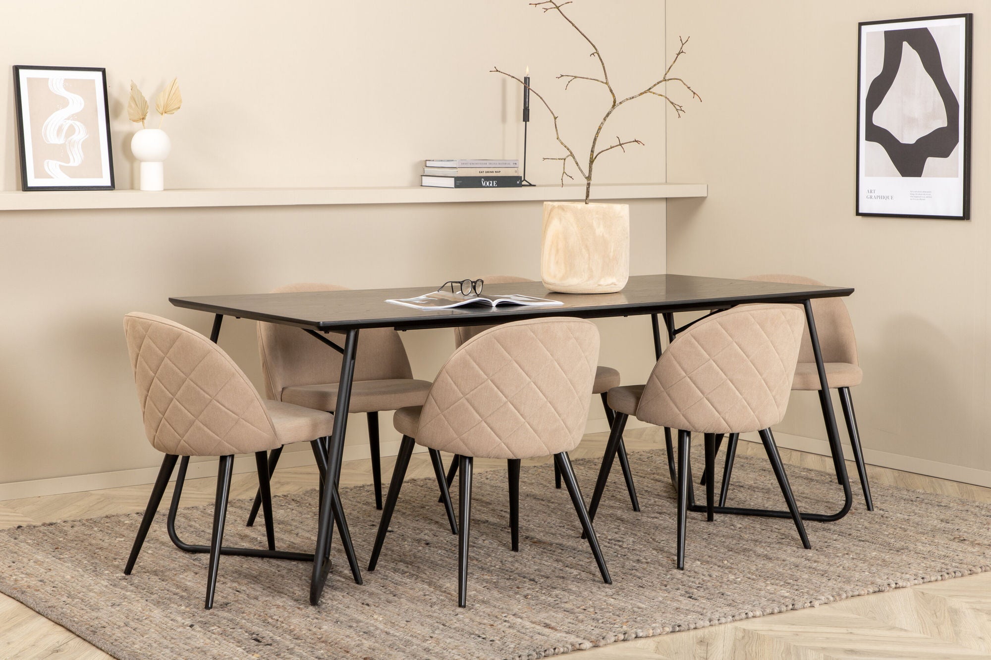 Venture Home Petra spisebord - Black / Black Veneer+Velvet Stitches stol - Black / Beige Fabric (Polyester linen )_6