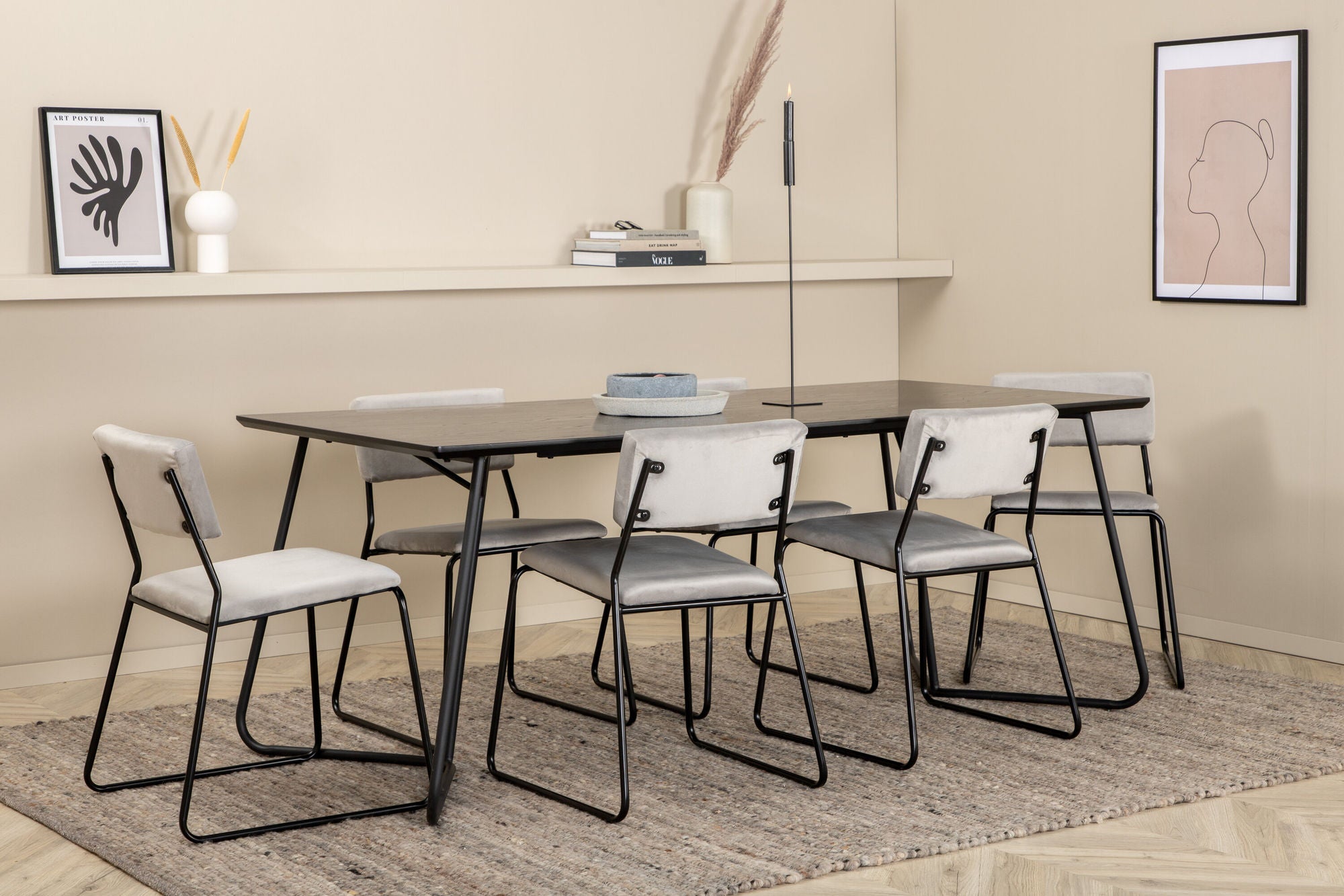 Venture Home Petra spisebord - Black / Black Veneer+Kenth stol - Black / Light Grey Velvet_6