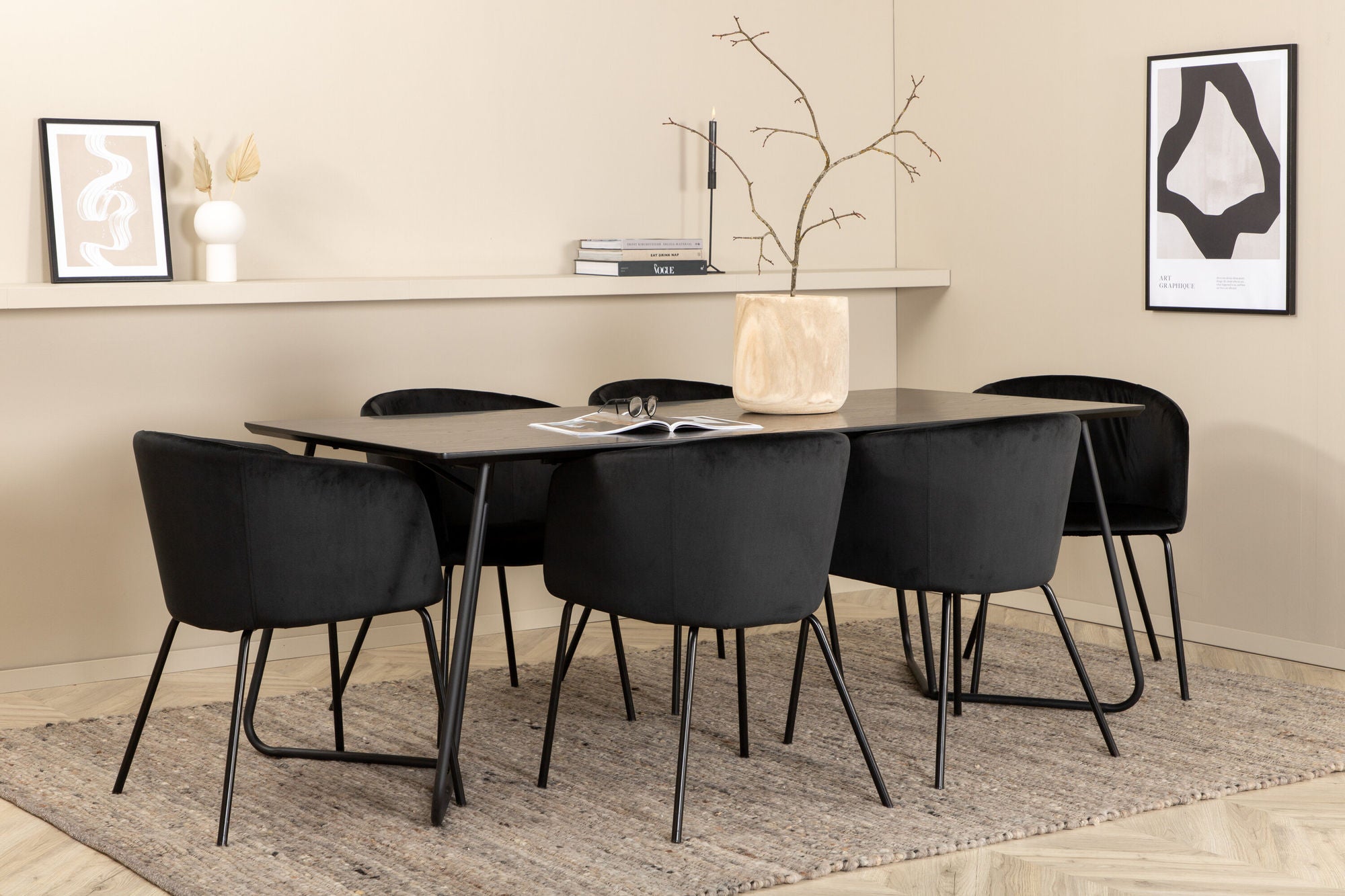 Venture Home Petra spisebord - Black / Black Veneer+Berit stol - Black / Black Velvet_6