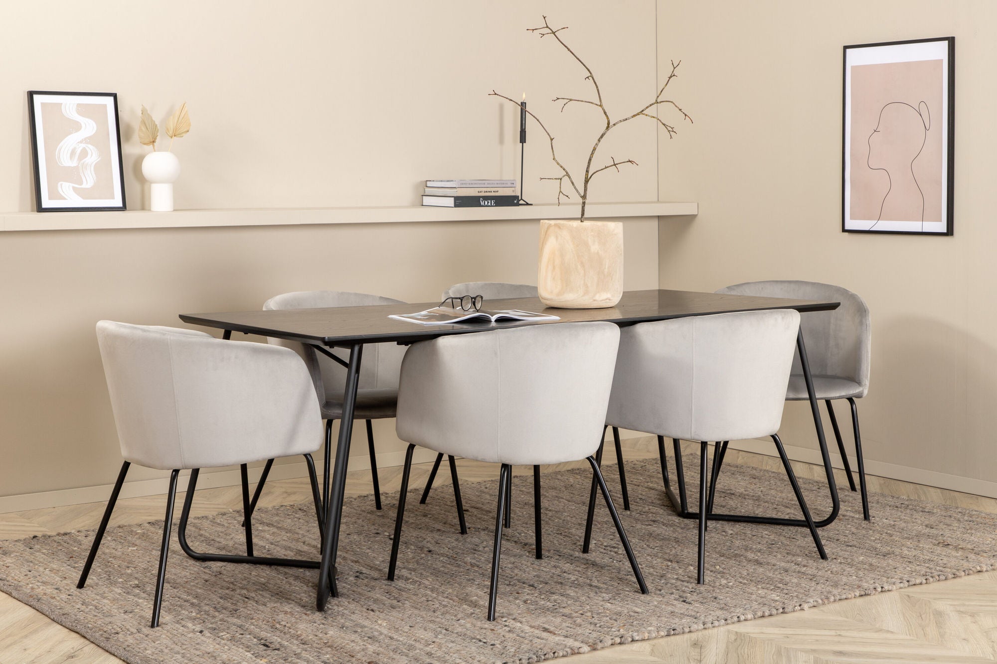Venture Home Petra spisebord - Black / Black Veneer+Berit stol - Black / Light Grey Velvet_6