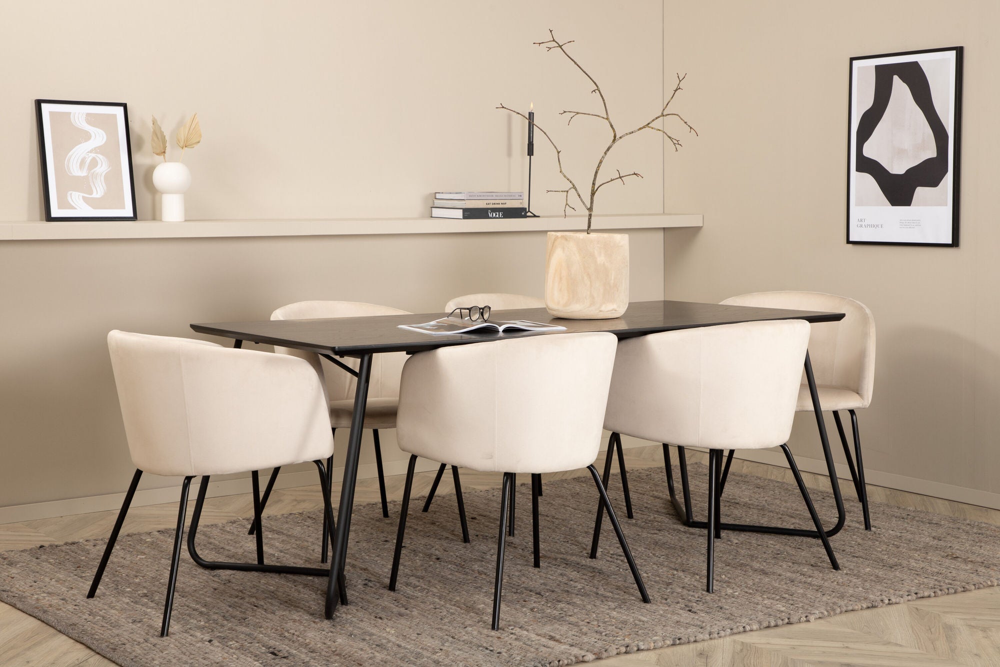 Venture Home Petra spisebord - Black / Black Veneer+Berit stol - Black / Beige Velvet_6