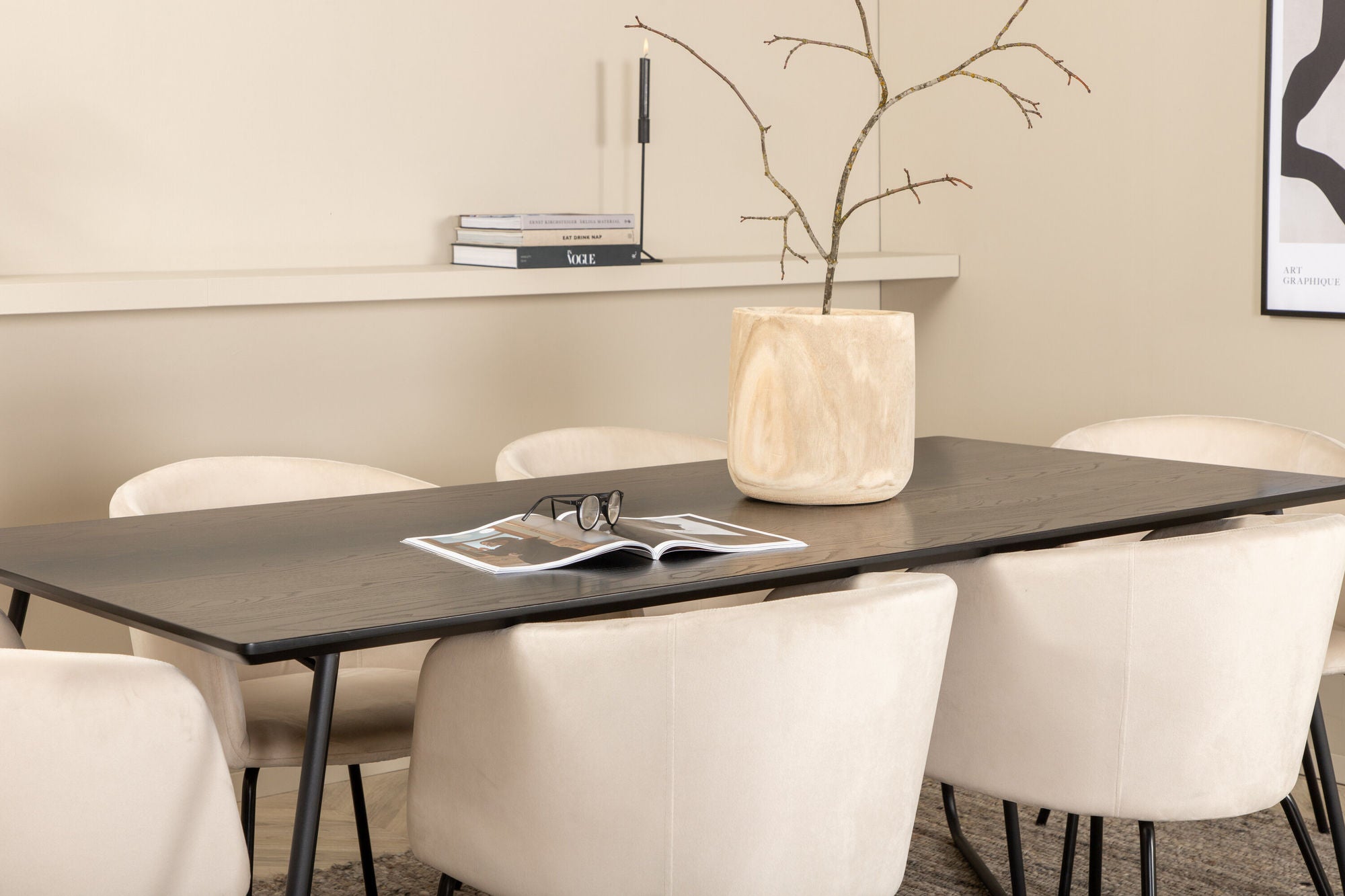 Venture Home Petra spisebord - Black / Black Veneer+Berit stol - Black / Beige Velvet_6