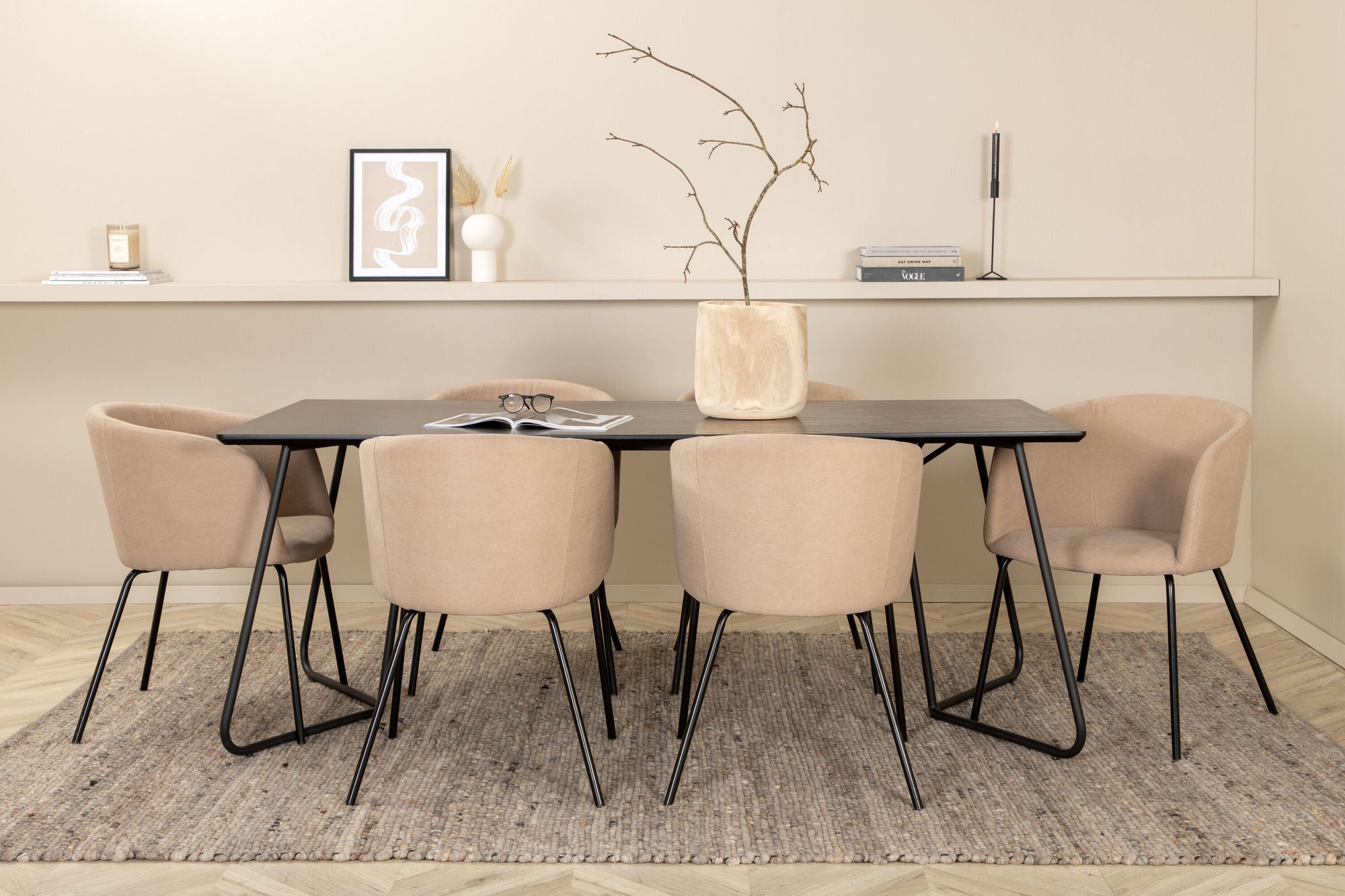 Venture Home Petra spisebord - Black / Black Veneer+Berit stol - Black / Beige Fabric (Polyester linen )_6