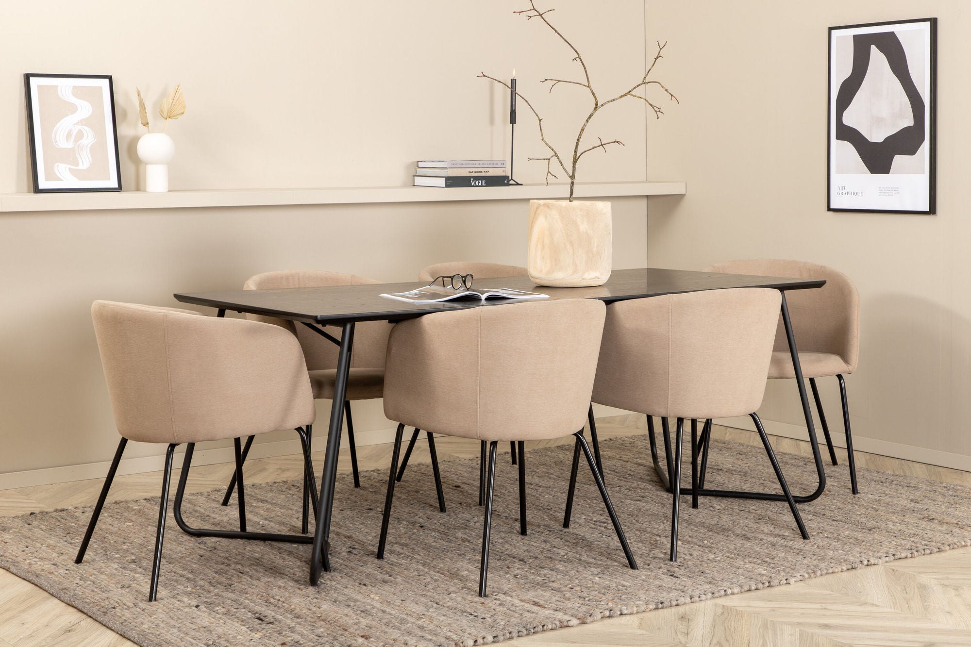 Venture Home Petra spisebord - Black / Black Veneer+Berit stol - Black / Beige Fabric (Polyester linen )_6