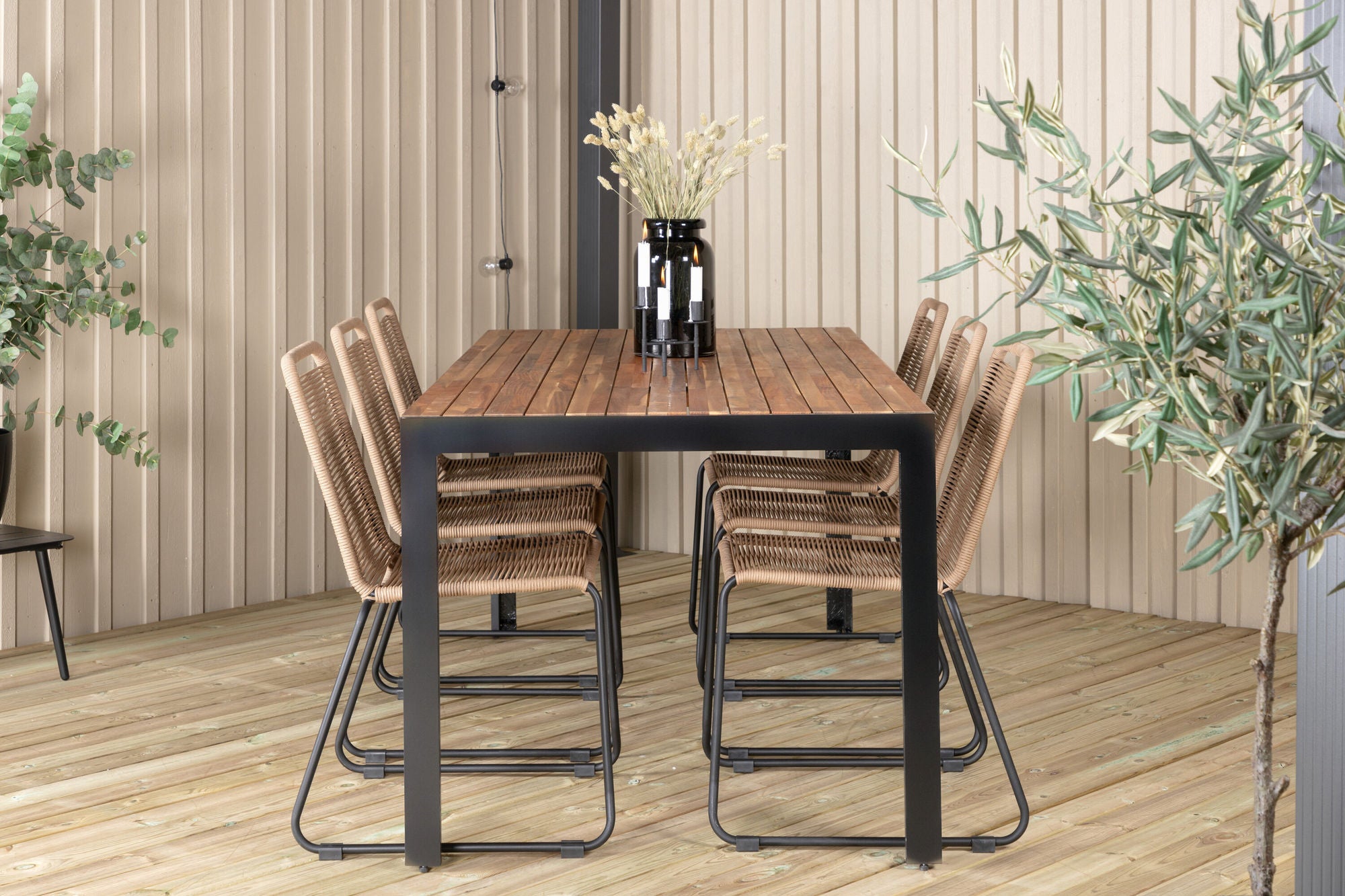 Venture Home Bois spisebord 205*90cm - Black Legs / Acacia +Lindos Stacking stol - Black Alu / Latte Rope_6