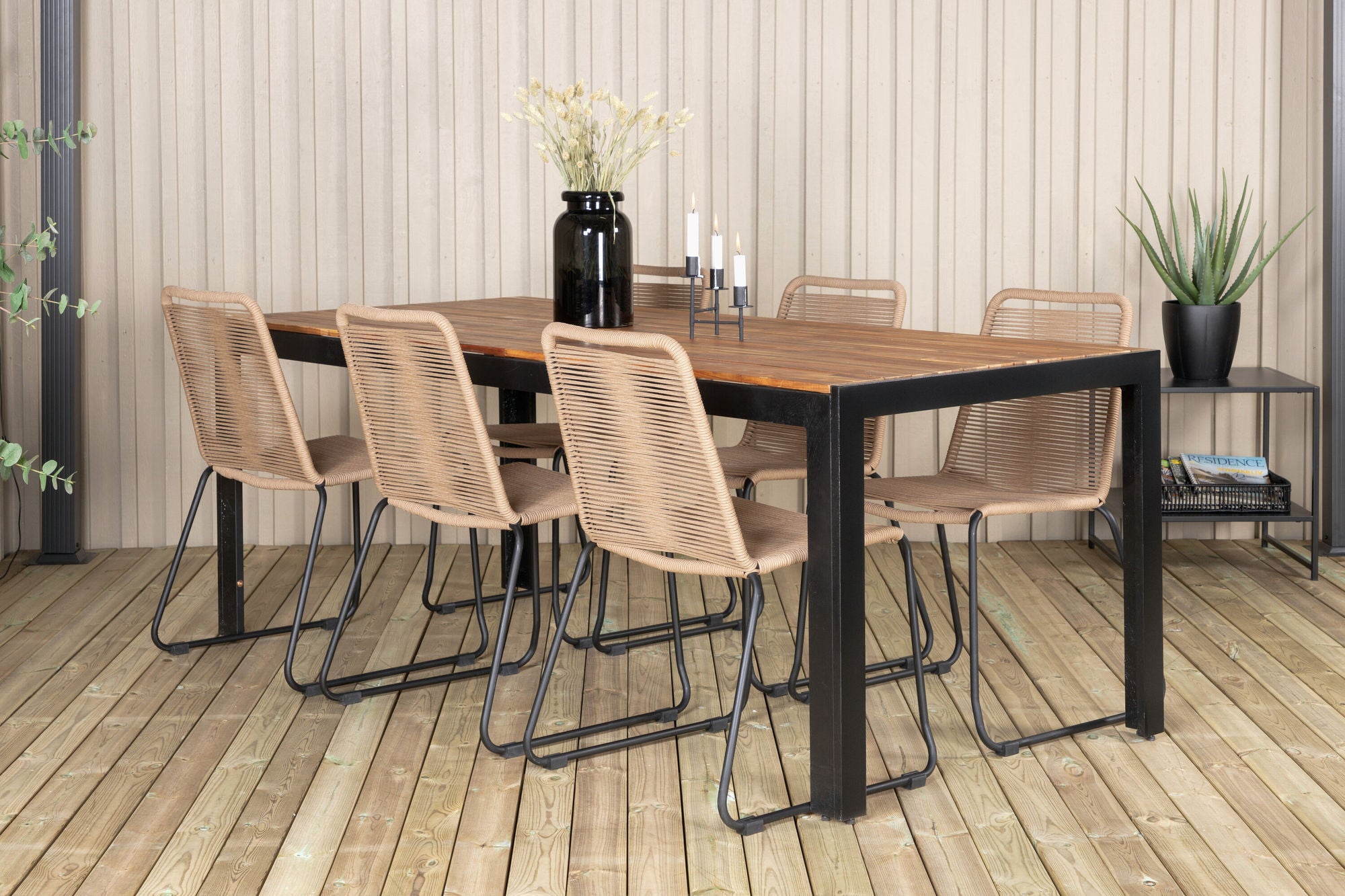 Venture Home Bois spisebord 205*90cm - Black Legs / Acacia +Lindos Stacking stol - Black Alu / Latte Rope_6