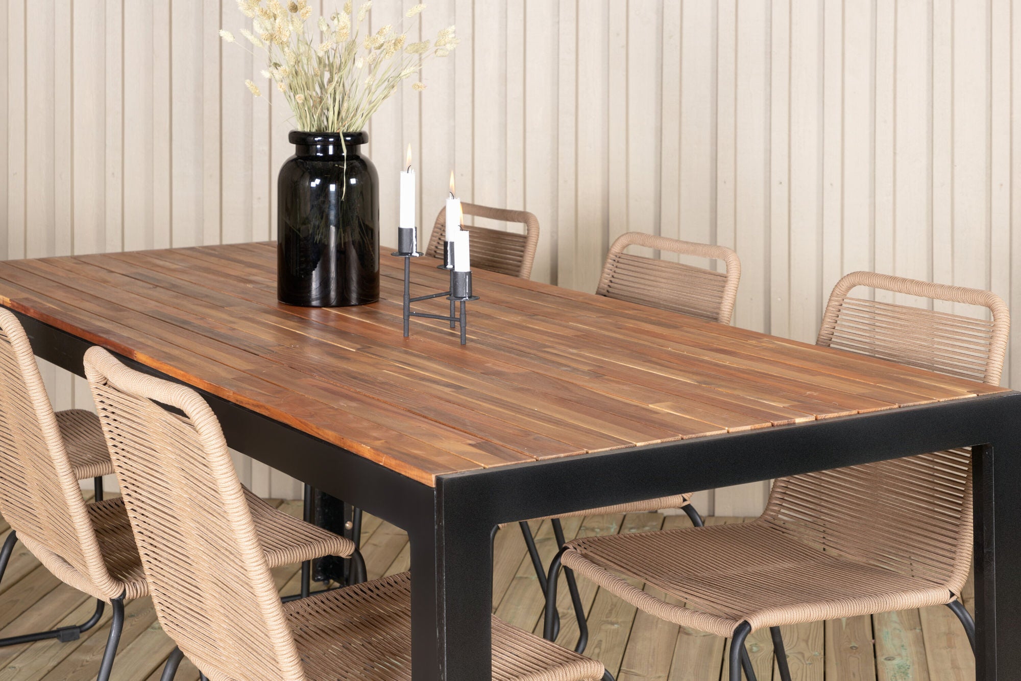 Venture Home Bois spisebord 205*90cm - Black Legs / Acacia +Lindos Stacking stol - Black Alu / Latte Rope_6