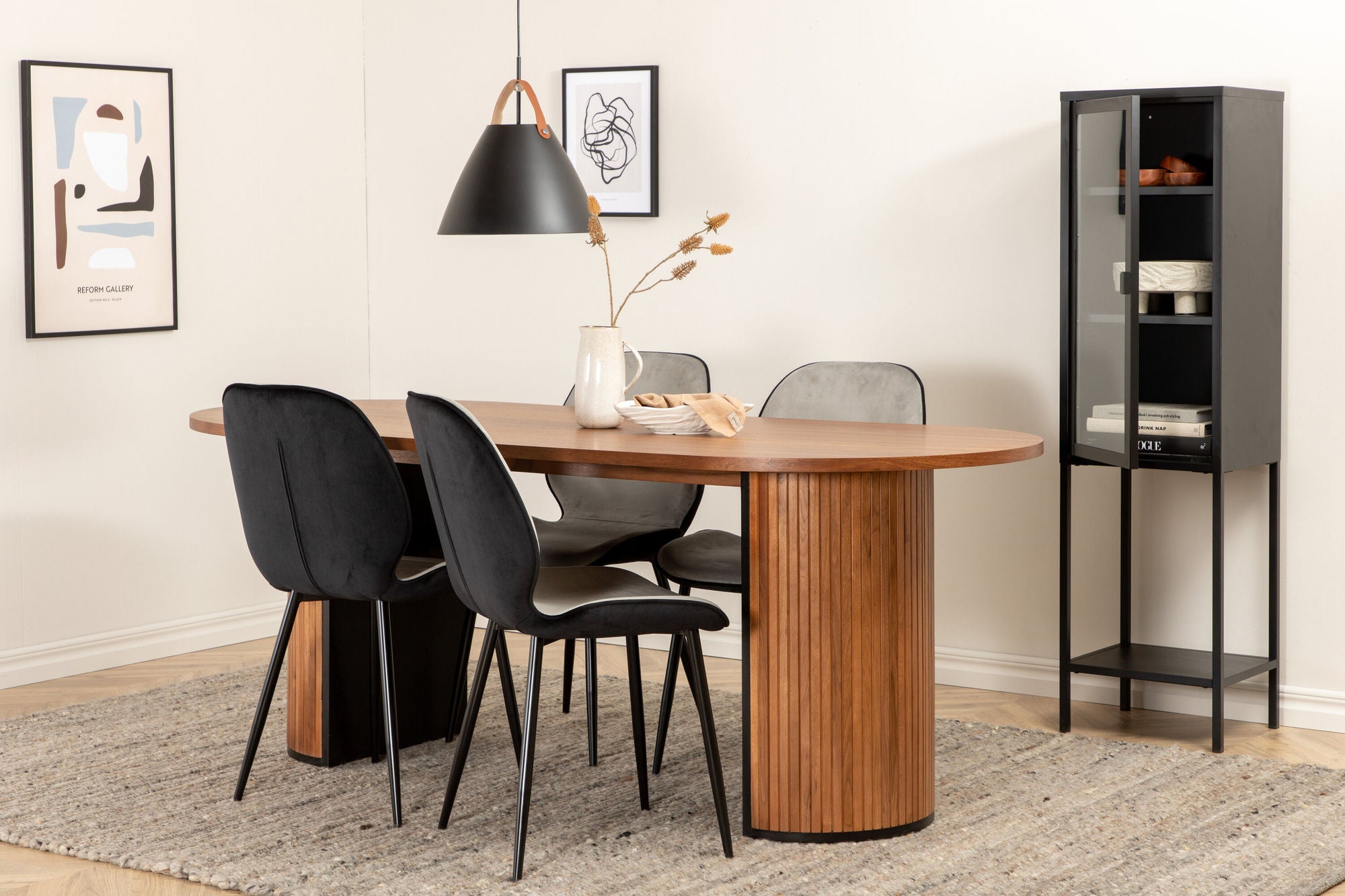 Venture Home Bianca Oval spisebord , Walnut Black Veneer+Emma stol , Black Black and Light Grey Black Velvet in Back Grey Velvet in front_4