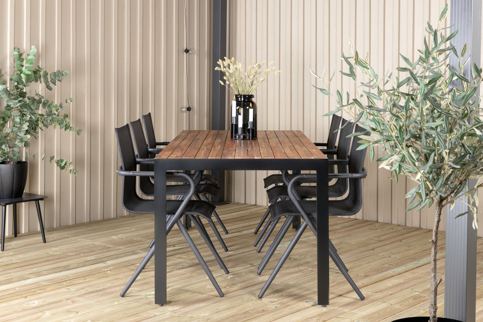 Venture Home Bois spisebord 205*90cm - Black Legs / Acacia +Alina Spisebordsstol - Black Alu / Black Textilene_6