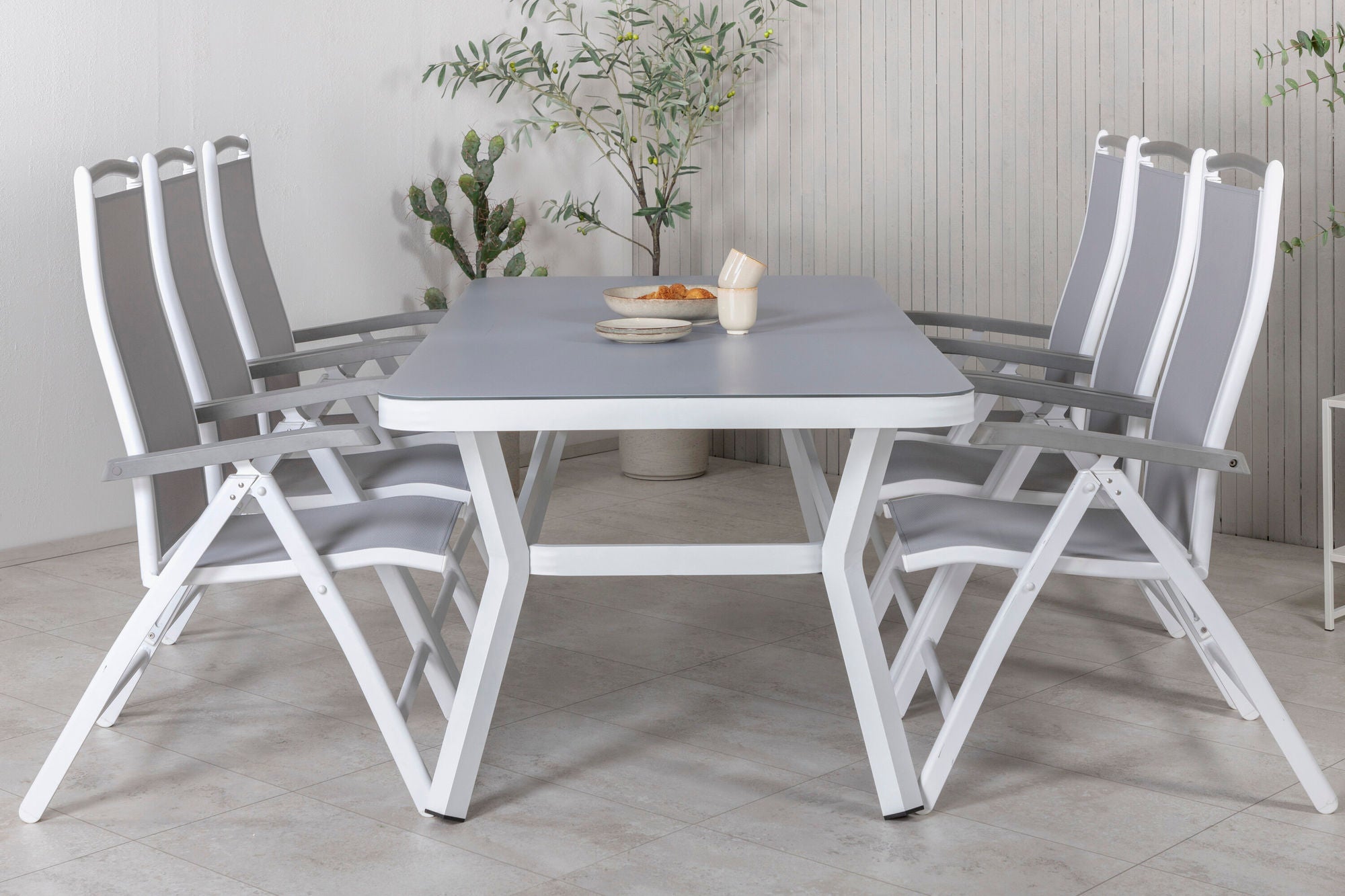 Venture Home Virya spisebord - White Alu / Grey Glass - big bord+Albany 5:pos stol - White/Grey_6