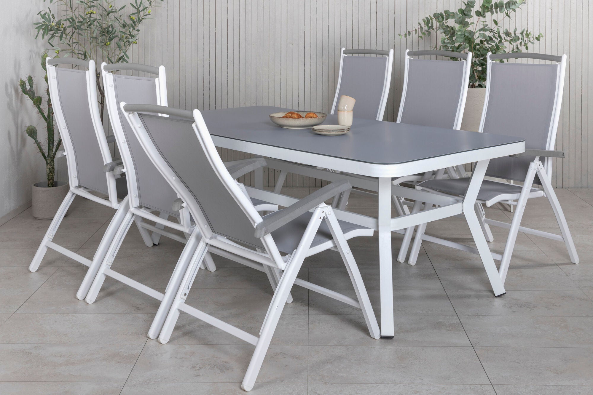 Venture Home Virya spisebord - White Alu / Grey Glass - big bord+Albany 5:pos stol - White/Grey_6