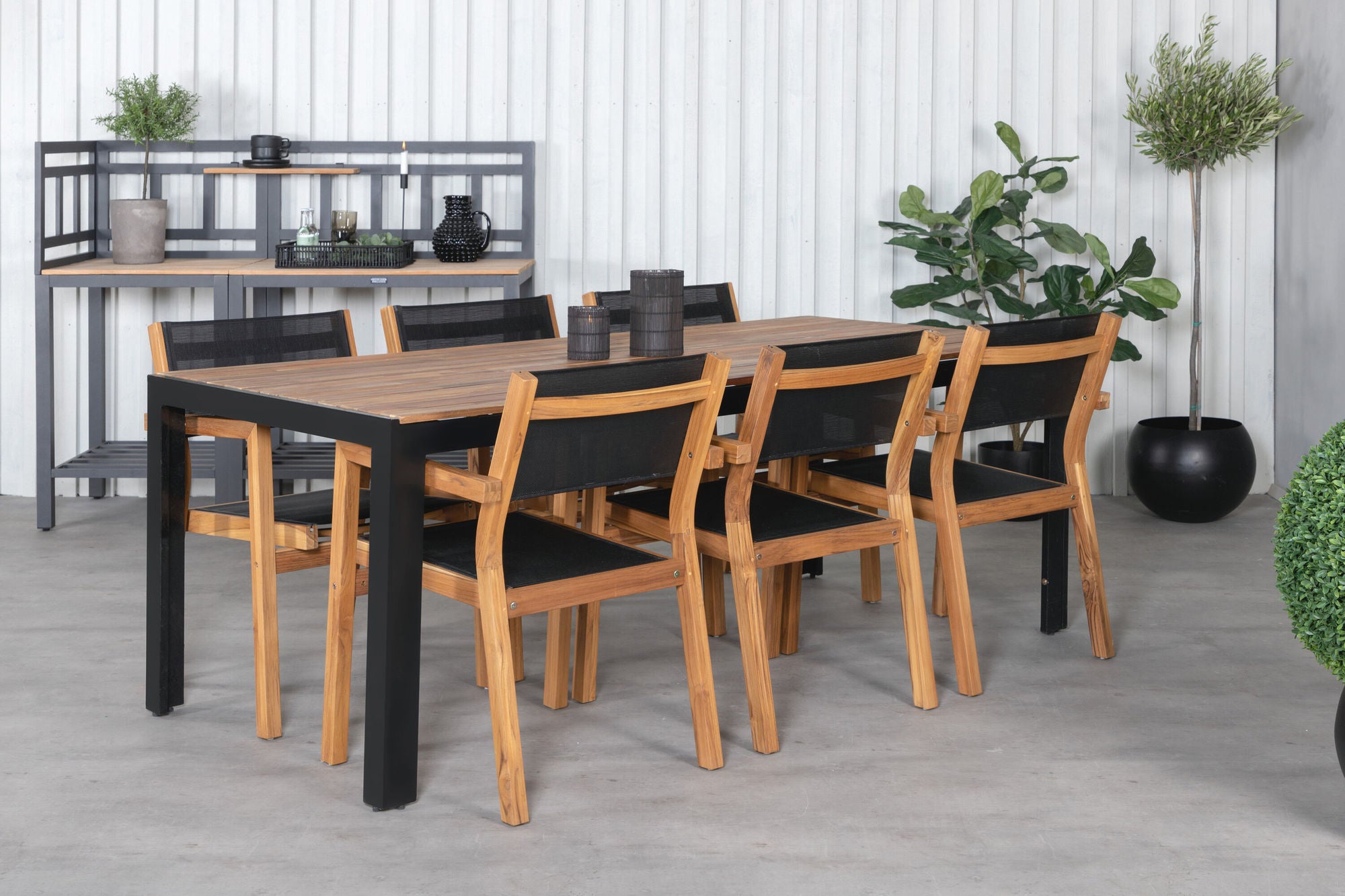 Venture Home Bois spisebord 205*90cm - Black Legs / Acacia +Venice Stackingchair - Teak / Black textilene_6