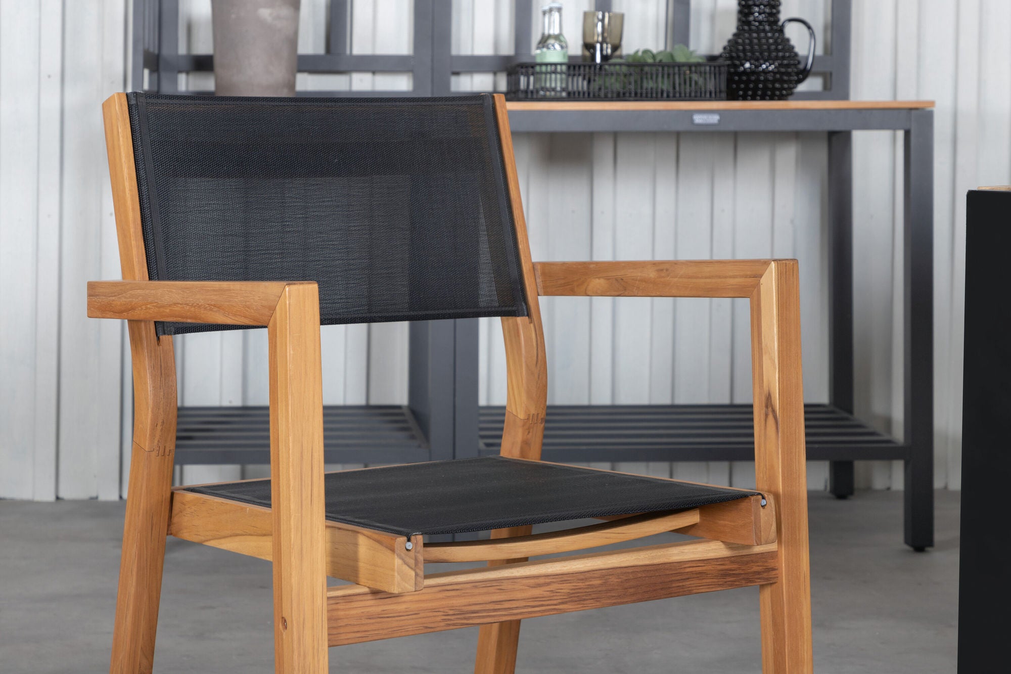 Venture Home Bois spisebord 205*90cm - Black Legs / Acacia +Venice Stackingchair - Teak / Black textilene_6