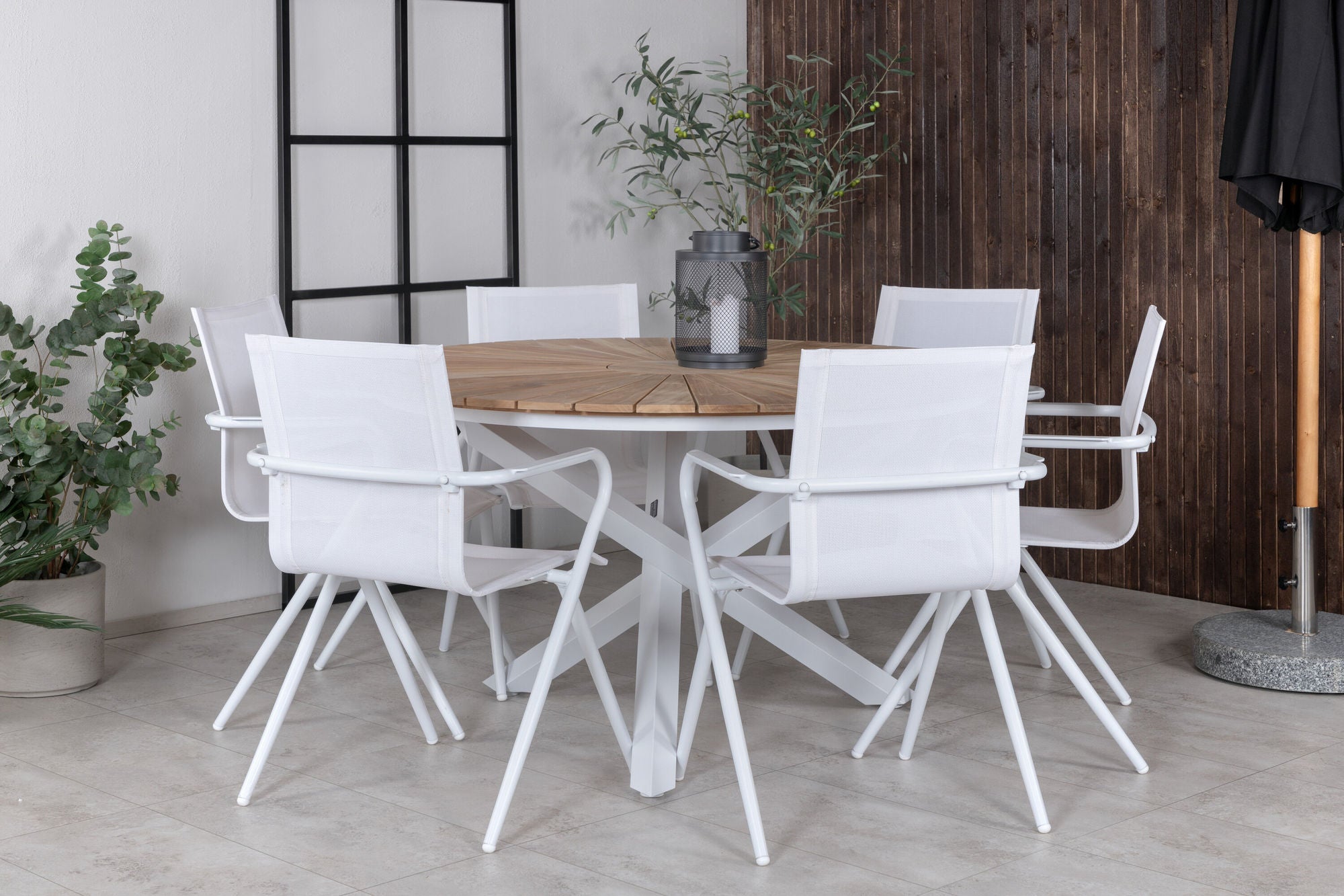 Venture Home Mexico bord ø 140 - White/Teak+Alina Spisebordsstol - white Alu / White Textilene_6