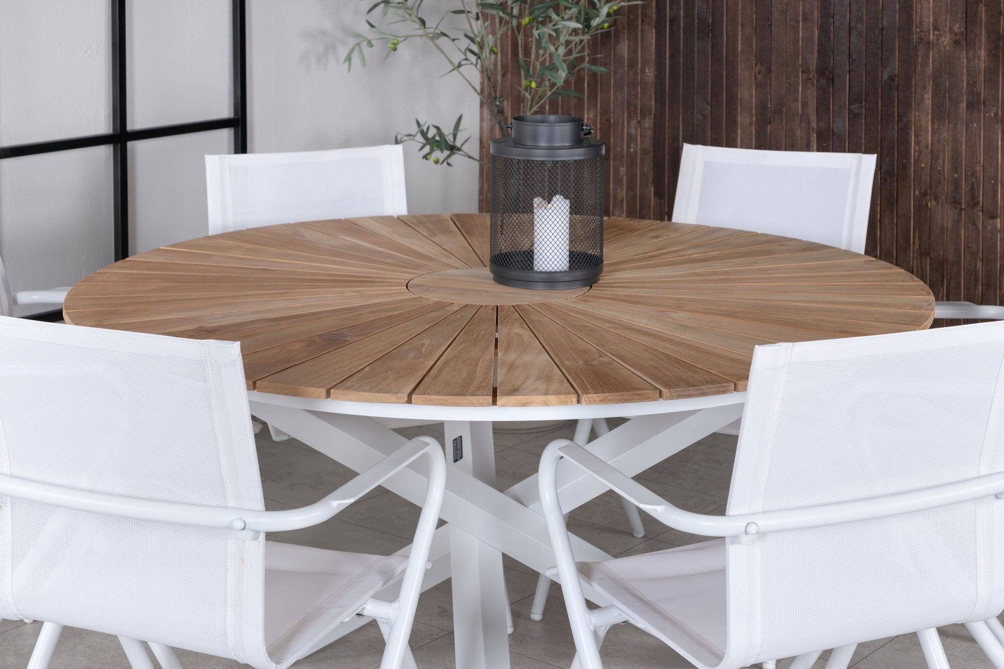 Venture Home Mexico bord ø 140 - White/Teak+Alina Spisebordsstol - white Alu / White Textilene_6
