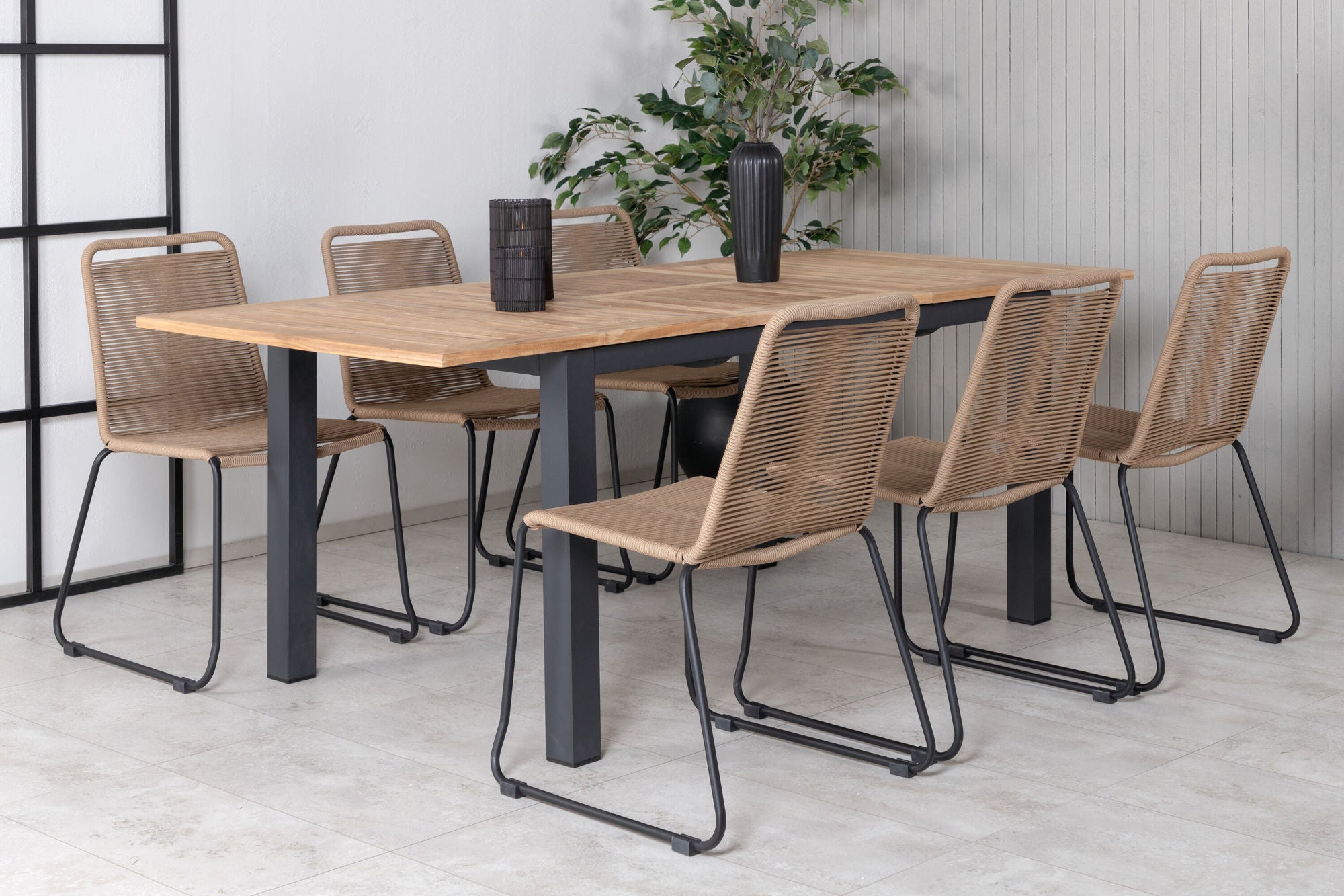 Venture Home Panama bord 152/210 - Black/Teak+Lindos Stacking stol - Black Alu / Latte Rope_6