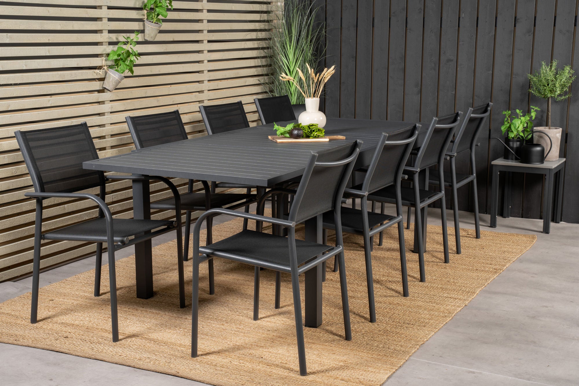 Venture Home Marbella bord 160/240 - Black/Black - Santorini Arm stol (Stackable) - Black alu / Black Textilene 8