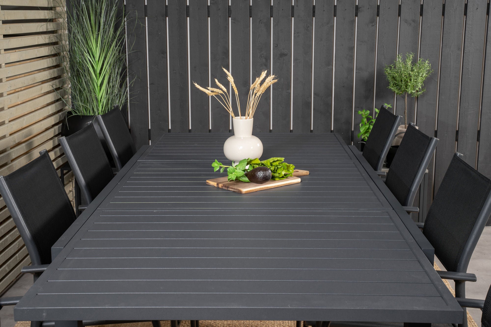 Venture Home Marbella bord 160/240 - Black/Black - Santorini Arm stol (Stackable) - Black alu / Black Textilene 8