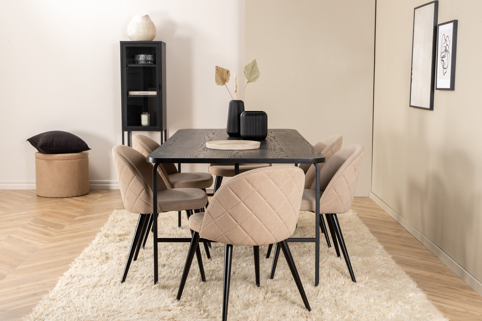 Venture Home Uno spisebord - Black / Black Veneer+Velvet Stitches stol - Black / Beige Fabric (Polyester linen )_6