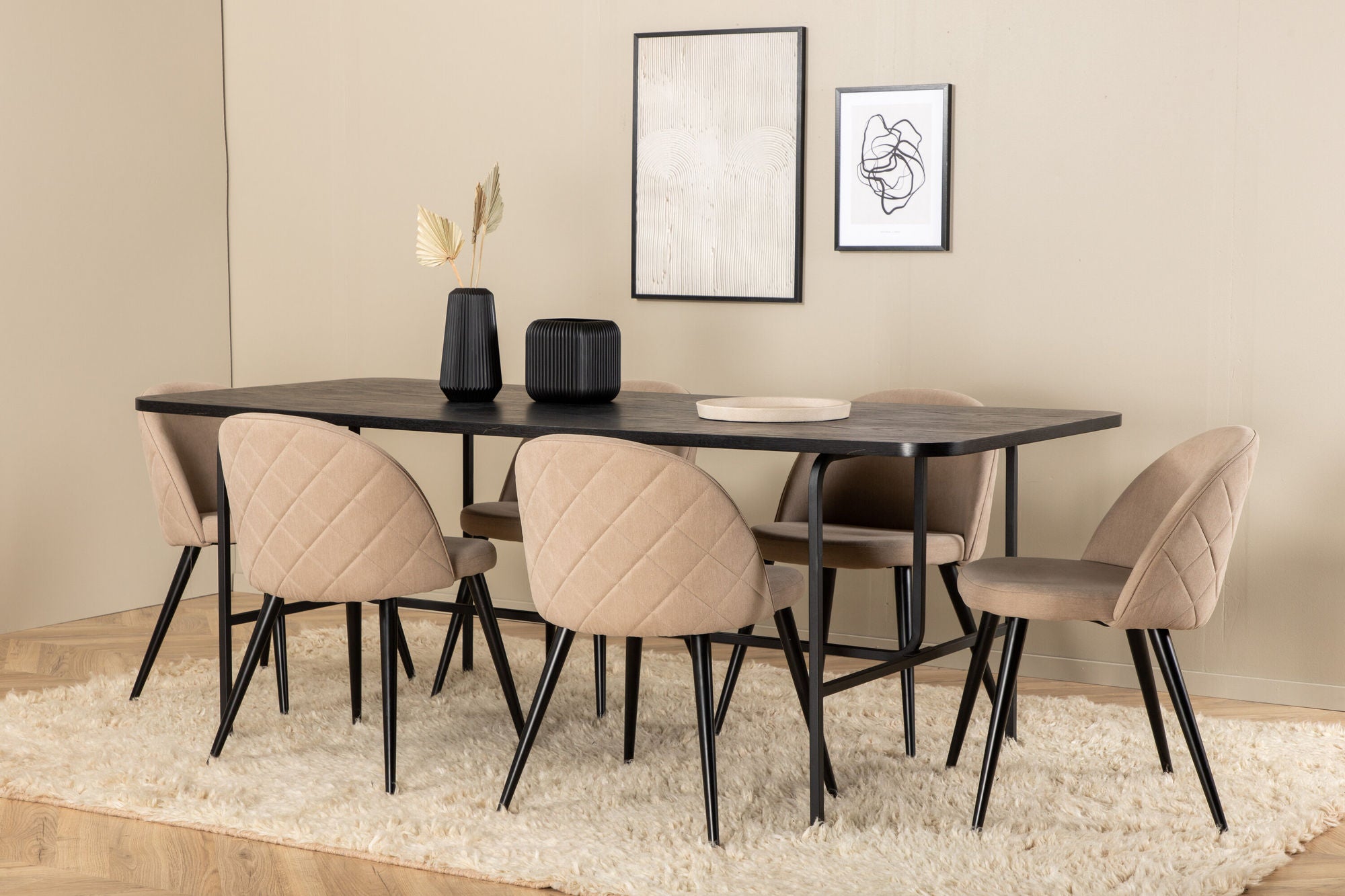 Venture Home Uno spisebord - Black / Black Veneer+Velvet Stitches stol - Black / Beige Fabric (Polyester linen )_6