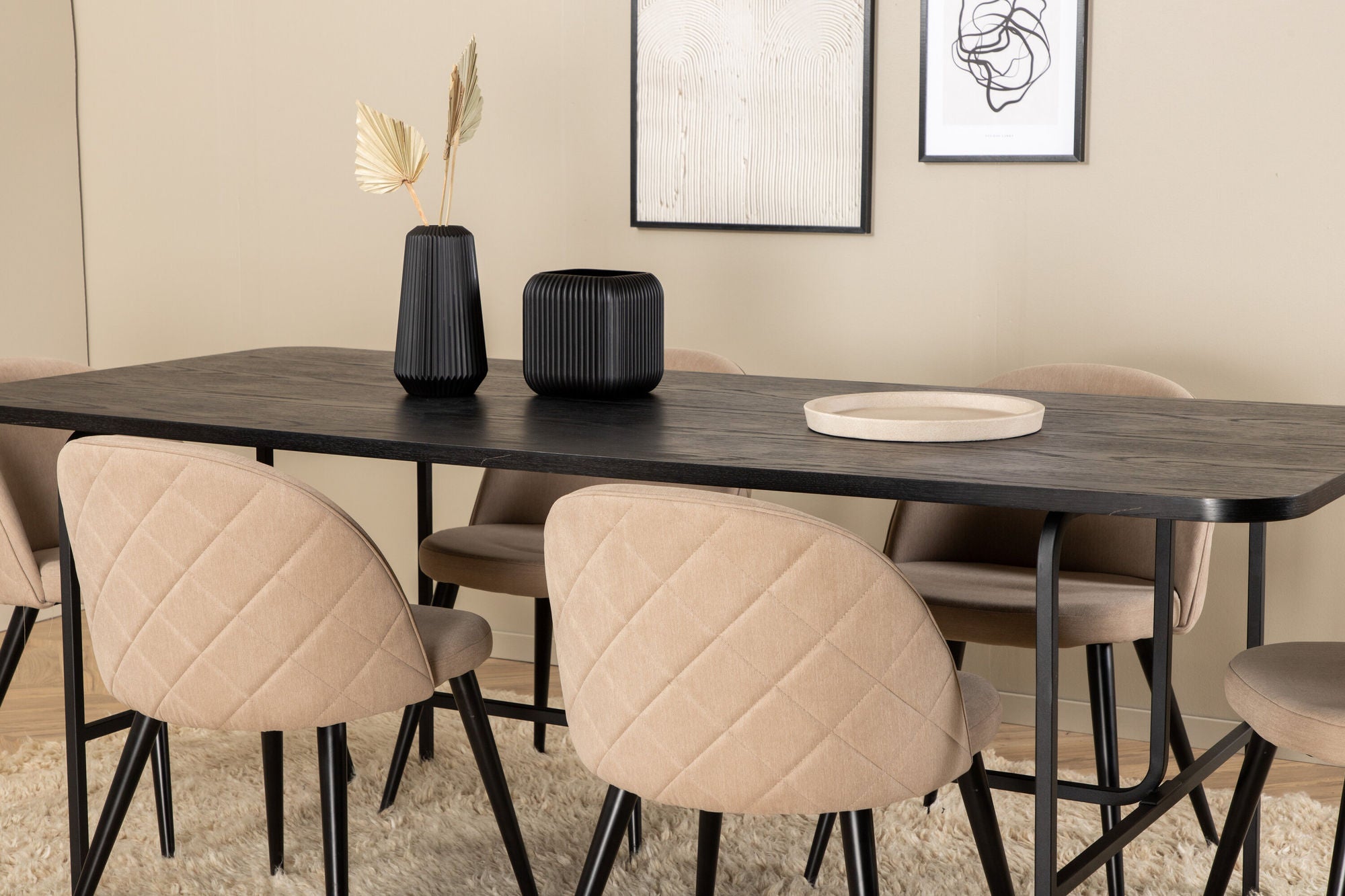 Venture Home Uno spisebord - Black / Black Veneer+Velvet Stitches stol - Black / Beige Fabric (Polyester linen )_6